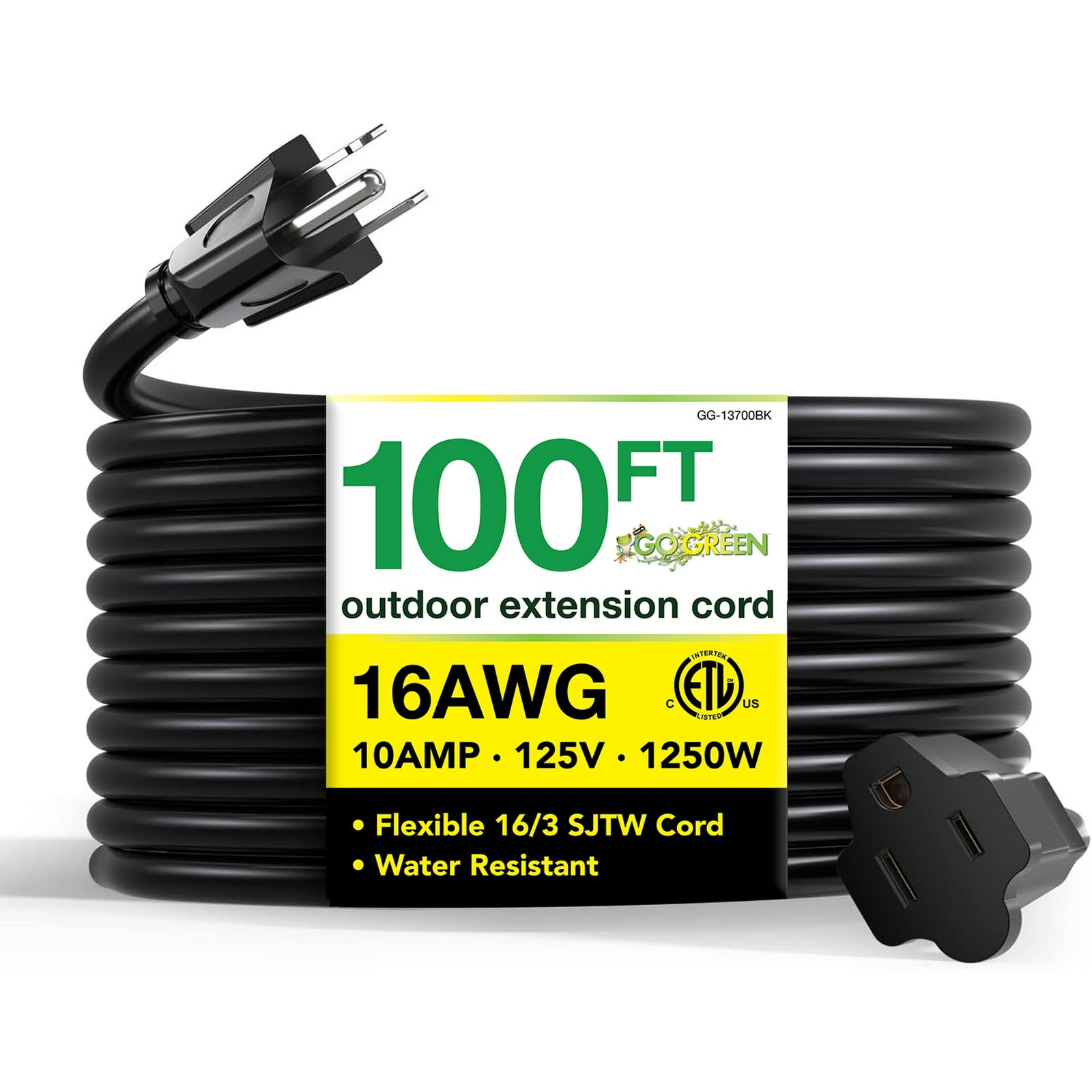 GoGreen Power Inc. 16/3 100ft Black Outdoor Extension Cord – Heavy Duty, Moistur