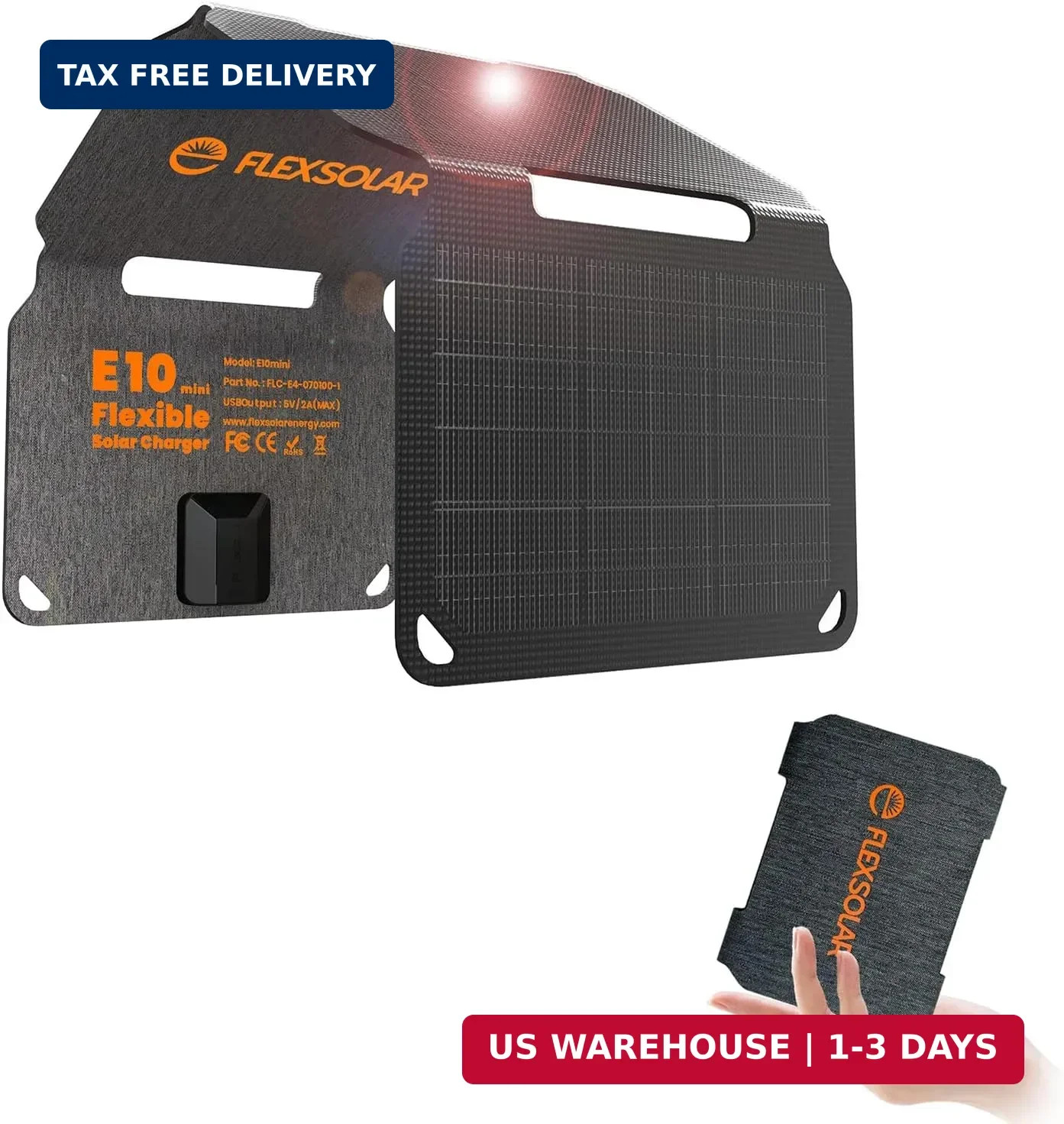 FlexSolar 10W Foldable Solar Panel Charger USB IP67 for Camping Hiking 4 Folds