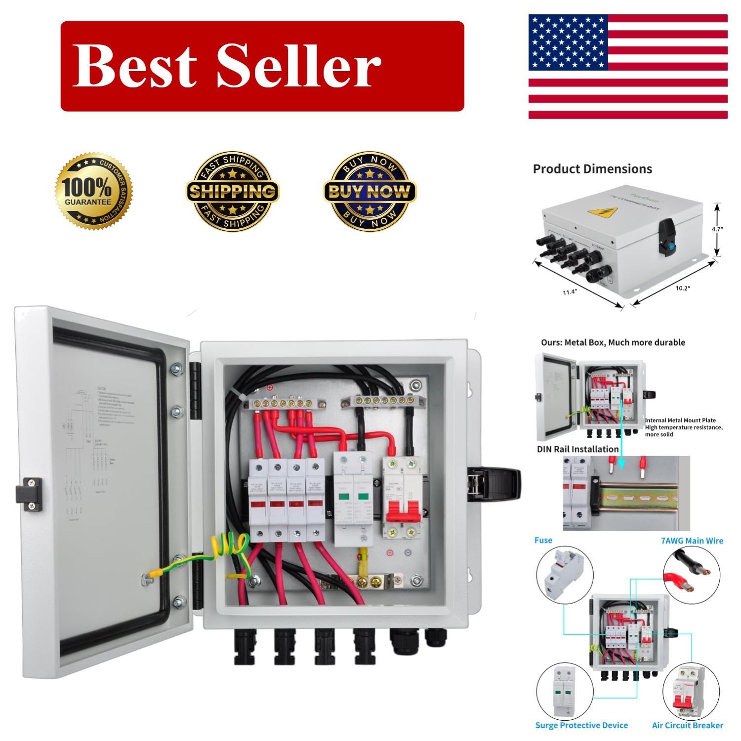 Durable Solar Combiner Box – 4 String with Surge Protection & Pre-Wired Cables