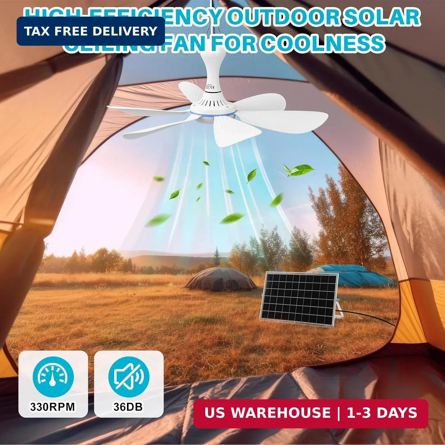Tujoe 2 Set Solar Powered Ceiling Fan Kit for Outdoor,Portable 15W Solar Panel P