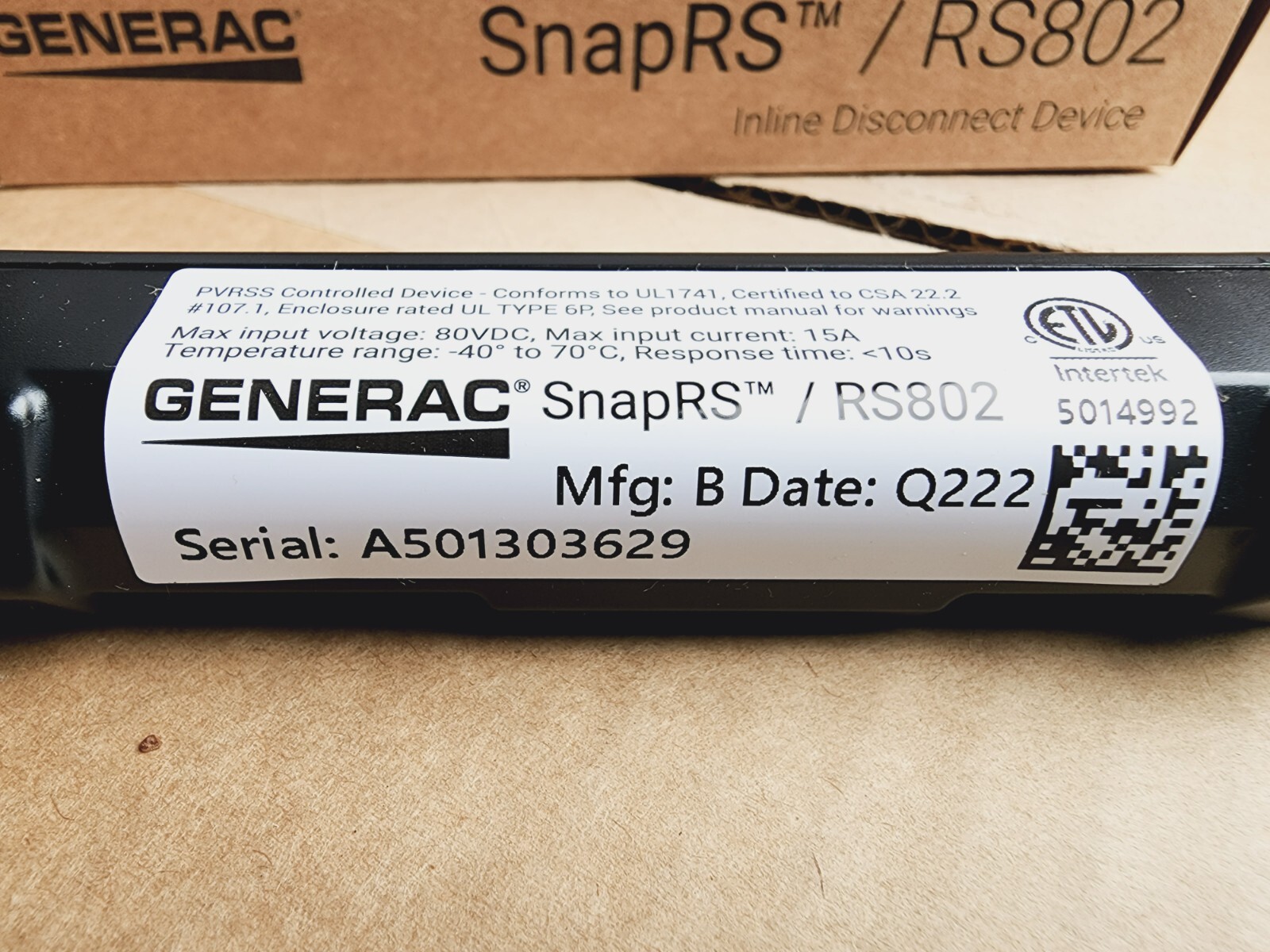 Case Lot of 36- Generac SnapRS RS802 Inline Disconnect Switch
