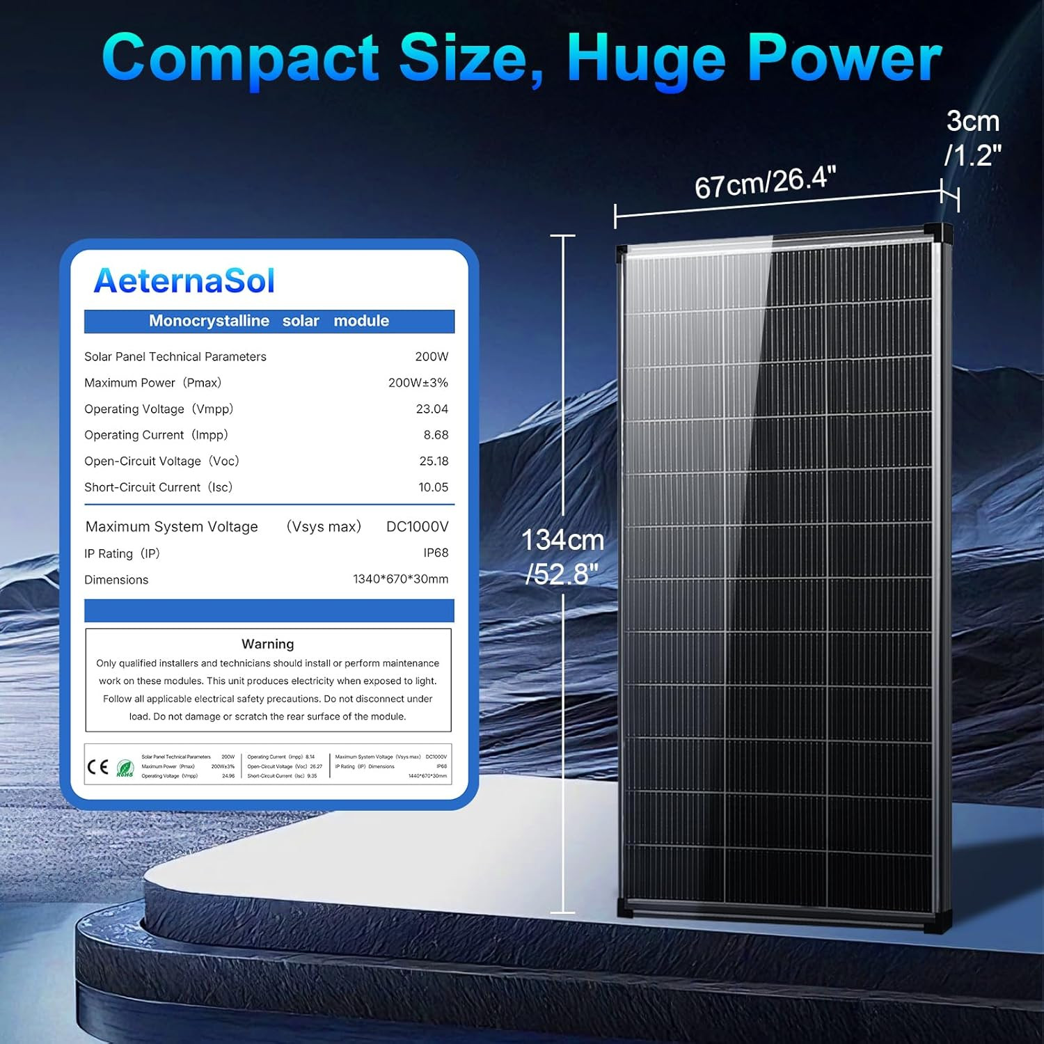 200 Watt Solar Panel,18Bb N-Type A+ Monocrystalline Cell 25% High Efficiency 200
