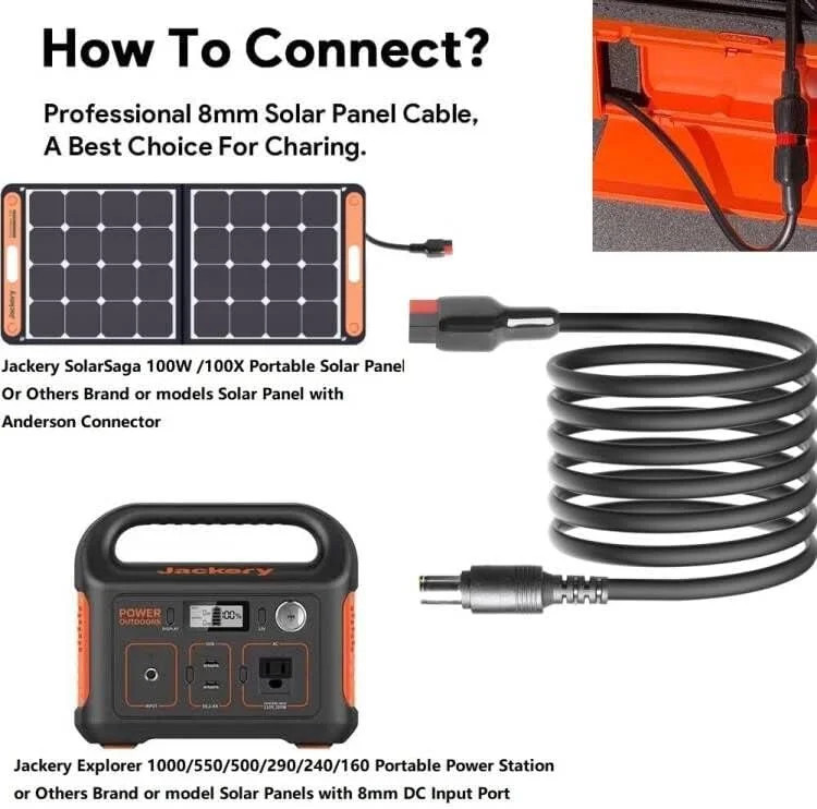 20FT Jackery Solar Panel Extension Cable 14AWG Anderson Connector to DC 8mm Adap