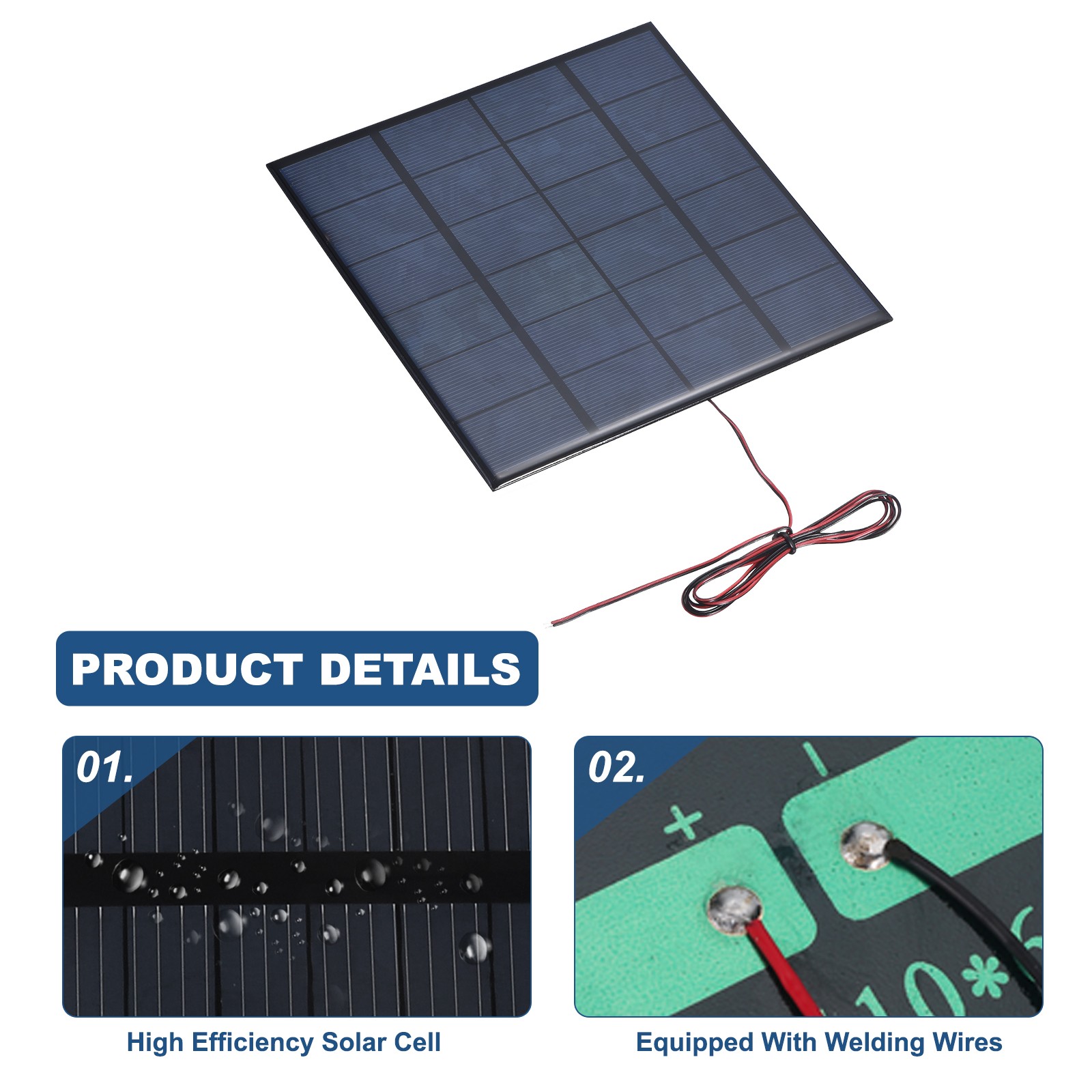6V 3.3W 550mA Mini Solar Panels with Cable, 165 x 165mm