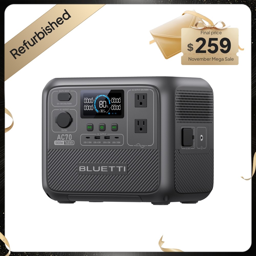 BLUETTI AC70 1000W 768Wh Portable Power Station Solar Generator for Camping Trip