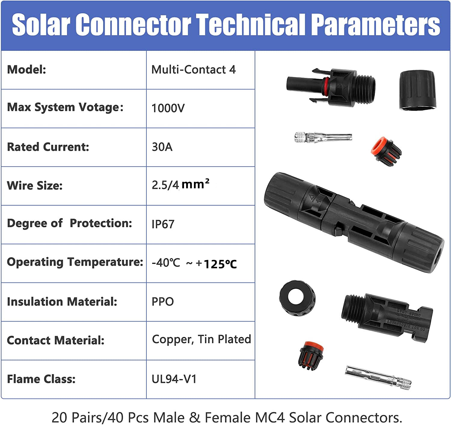20x Male and Female Solar Panel Connectors for Photovoltaic System Connect Kit