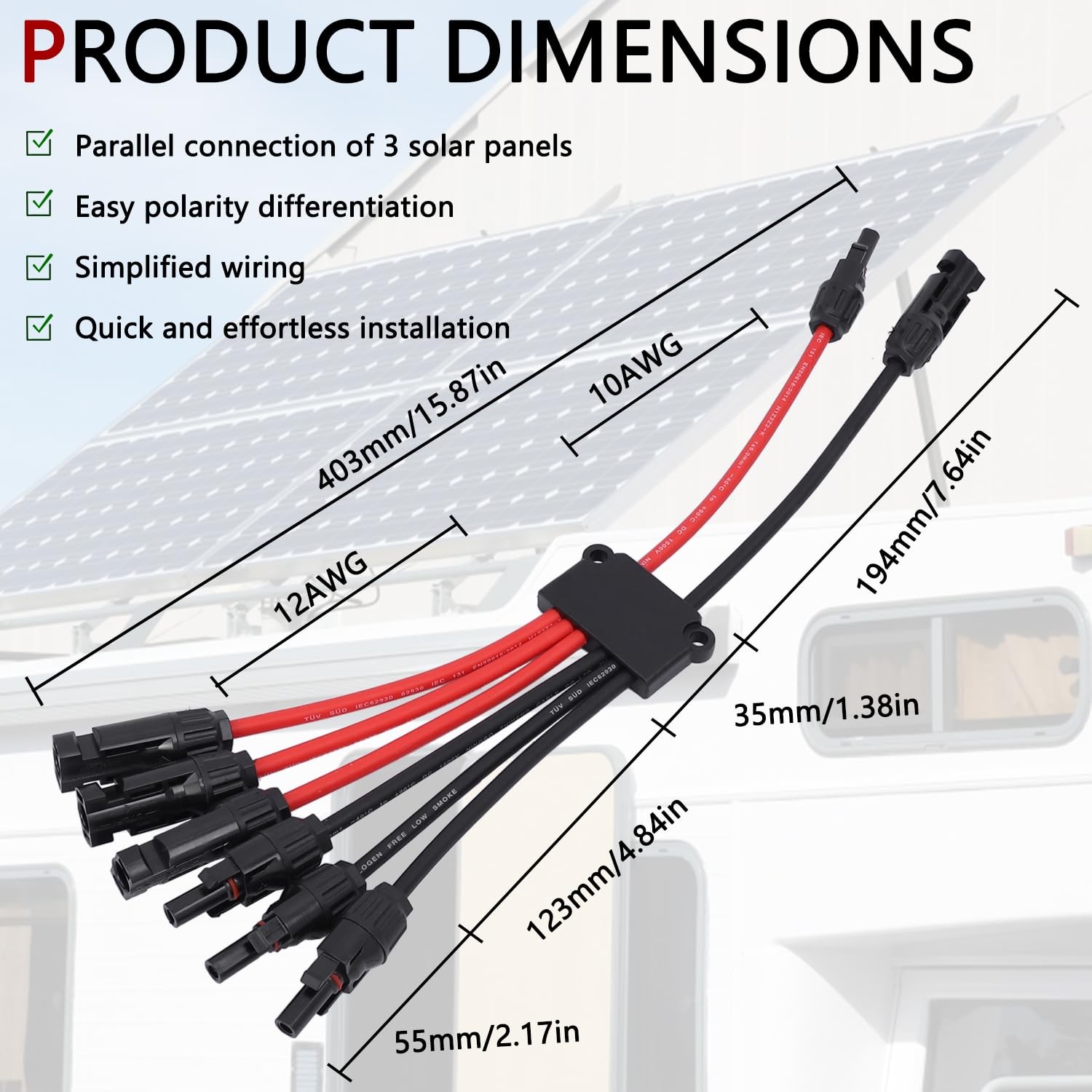 Solar Panel Connector 3 Way Y Branch MC4 Cable Splitter 2 to 6 AWG Waterproof