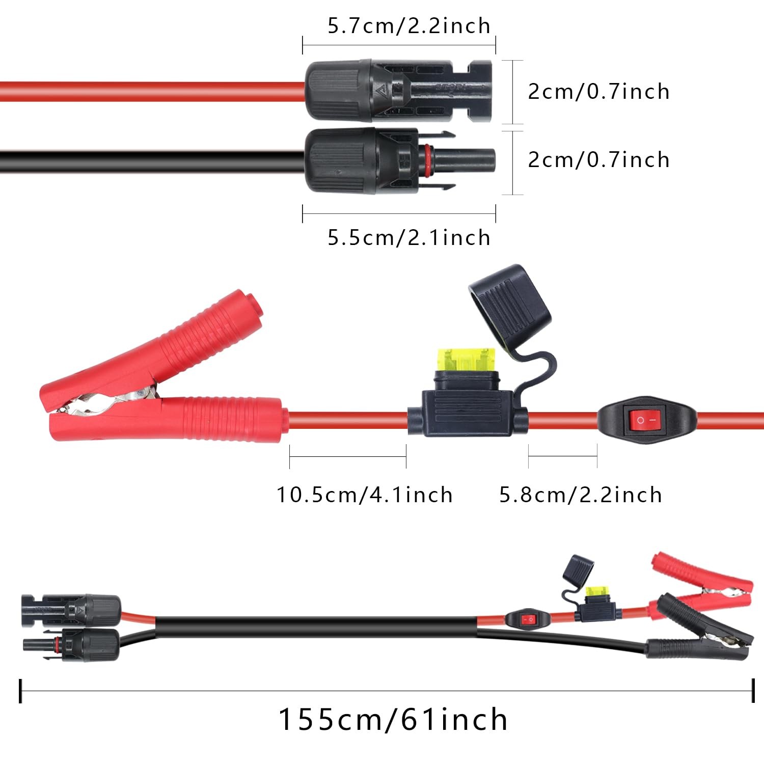 14AWG Battery Alligator Clip To Solar Connector Extension Cable 1.5M Switch