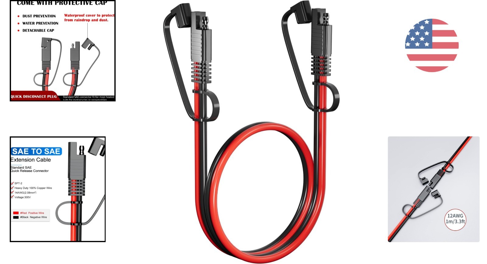 3.3FT SAE to SAE Heavy-Duty Cable with Dust Cap for All Vehicles and Equipment