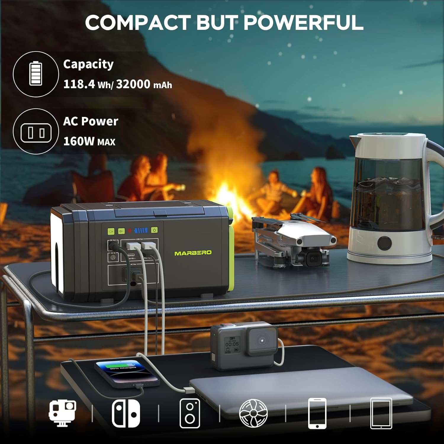 118Wh Solar Generator with Telescopic Camping Lights 32000Mah 160W Max Portable