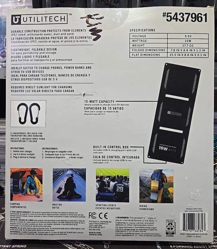 Utilitech 15W Folding Portable Solar Charger New In Box