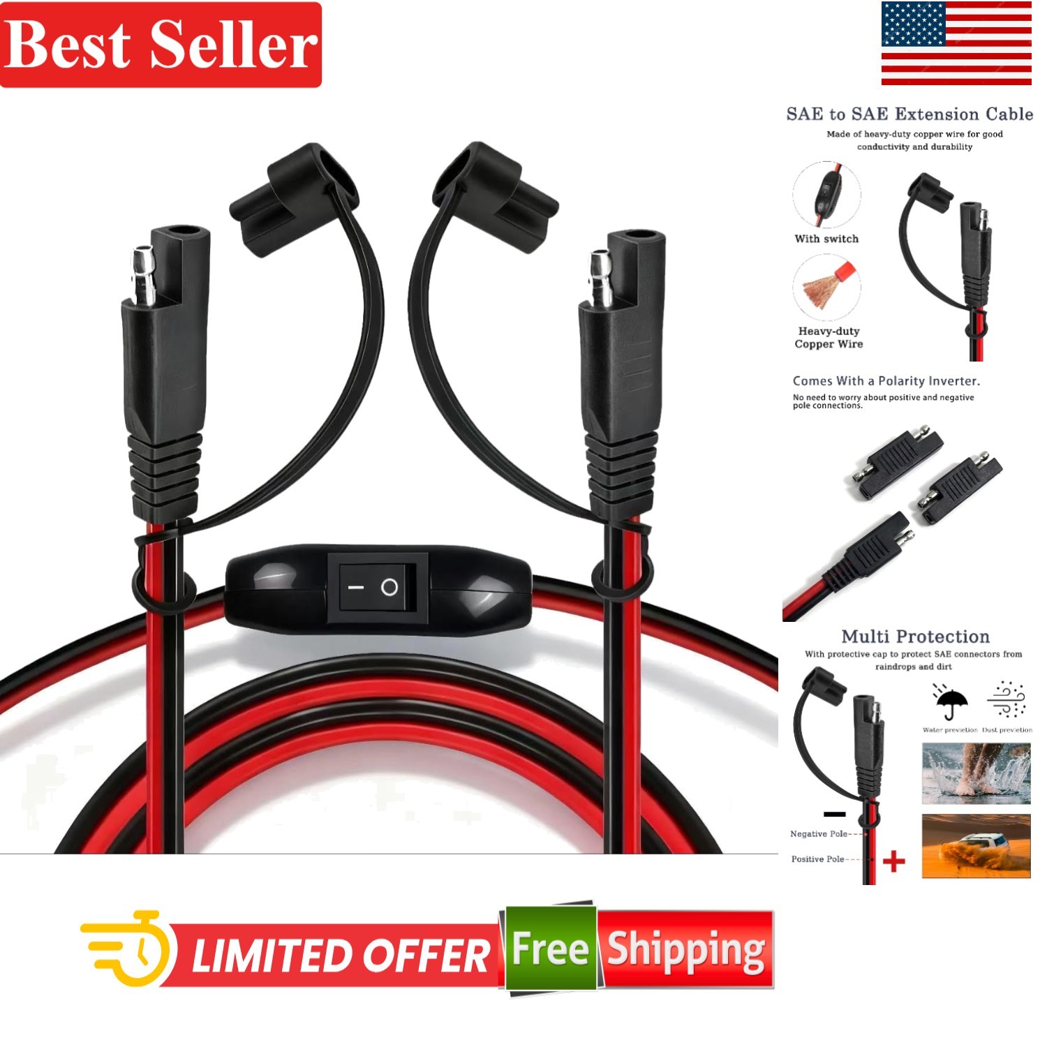 30FT SAE Extension Cable for Solar Panels, Cars, RVs, Boats, 16 AWG