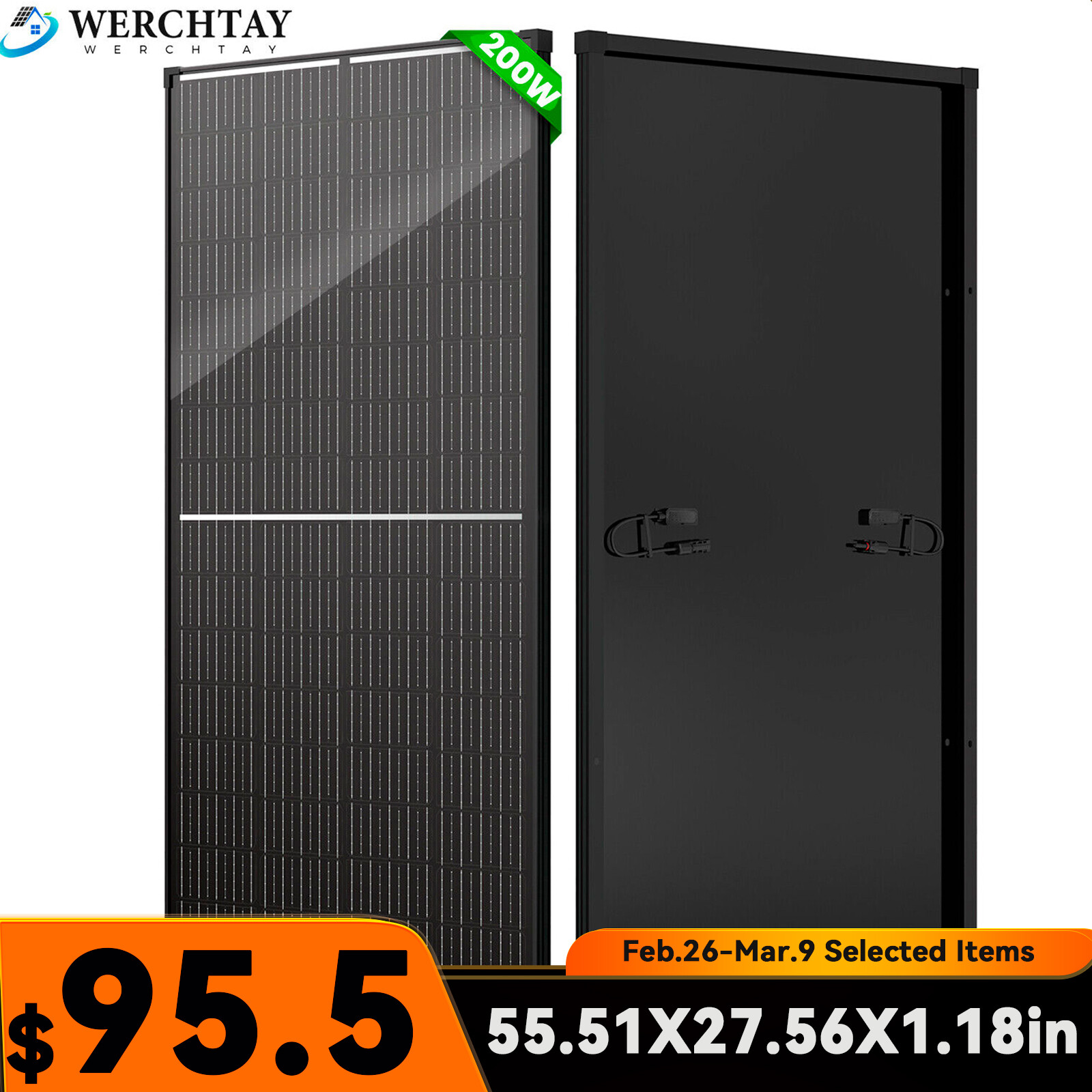 12V 200W Watt Mono Solar Panel Battery Charger Home Boat Camping RV Off-Grid