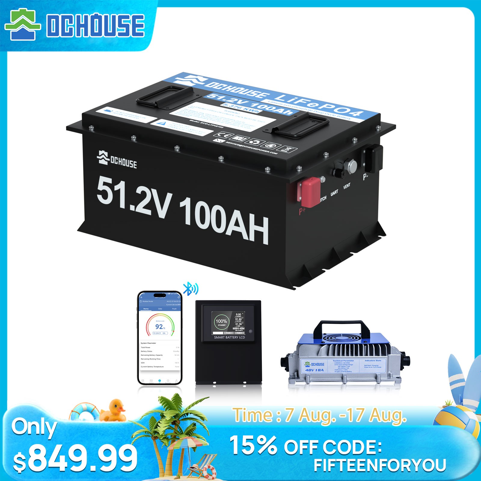 48V 100Ah Metal Case LiFePO4 Golf Cart Battery 18A Charger Bluetooth Monitor