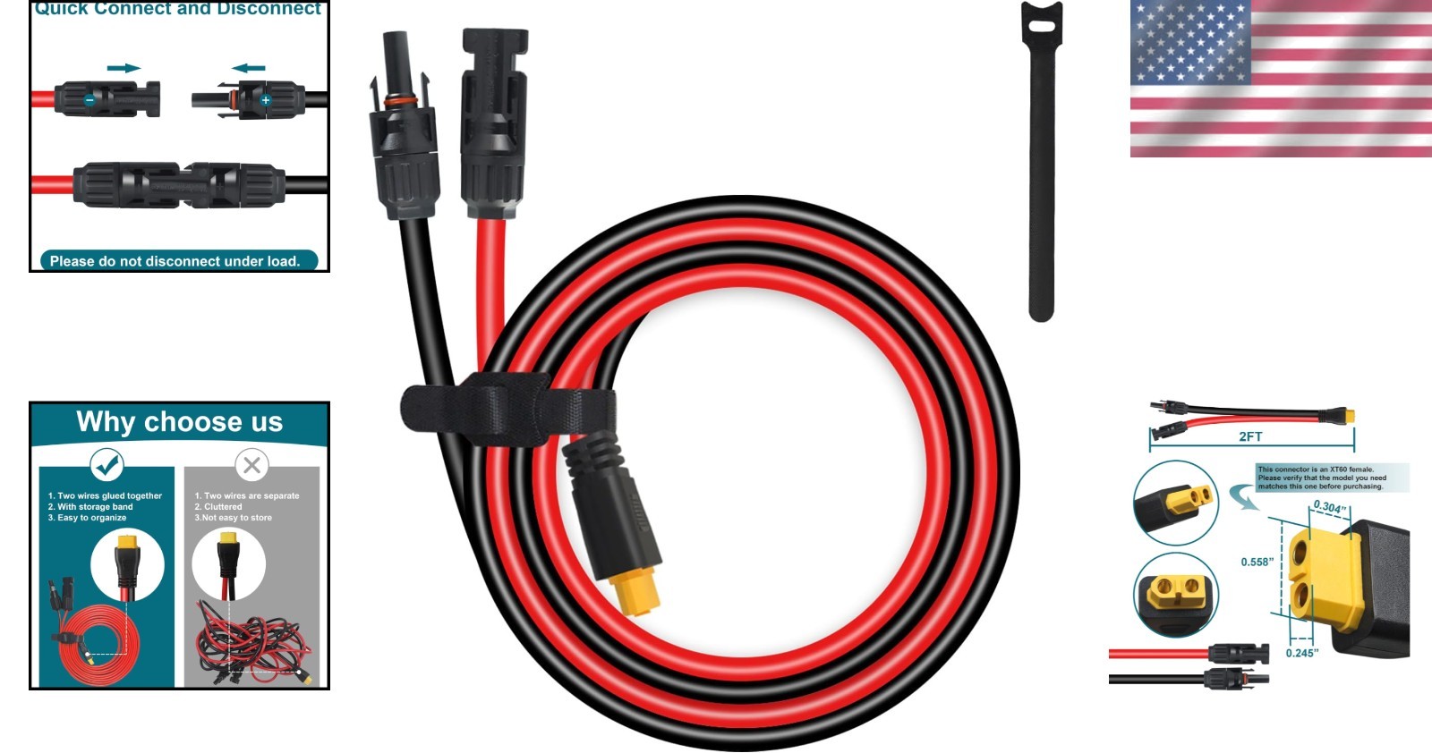 2FT XT60 Connector Cable – MC4 to XT60, 12AWG, Perfect for Solar Systems
