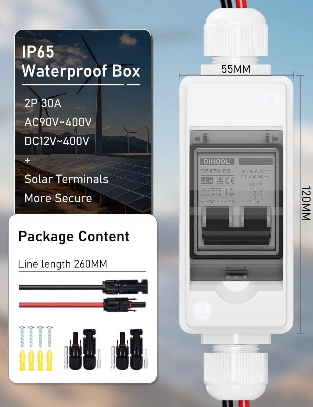 Interruptor de desconexión para paneles solares, disyuntor CC no polarizado, 30