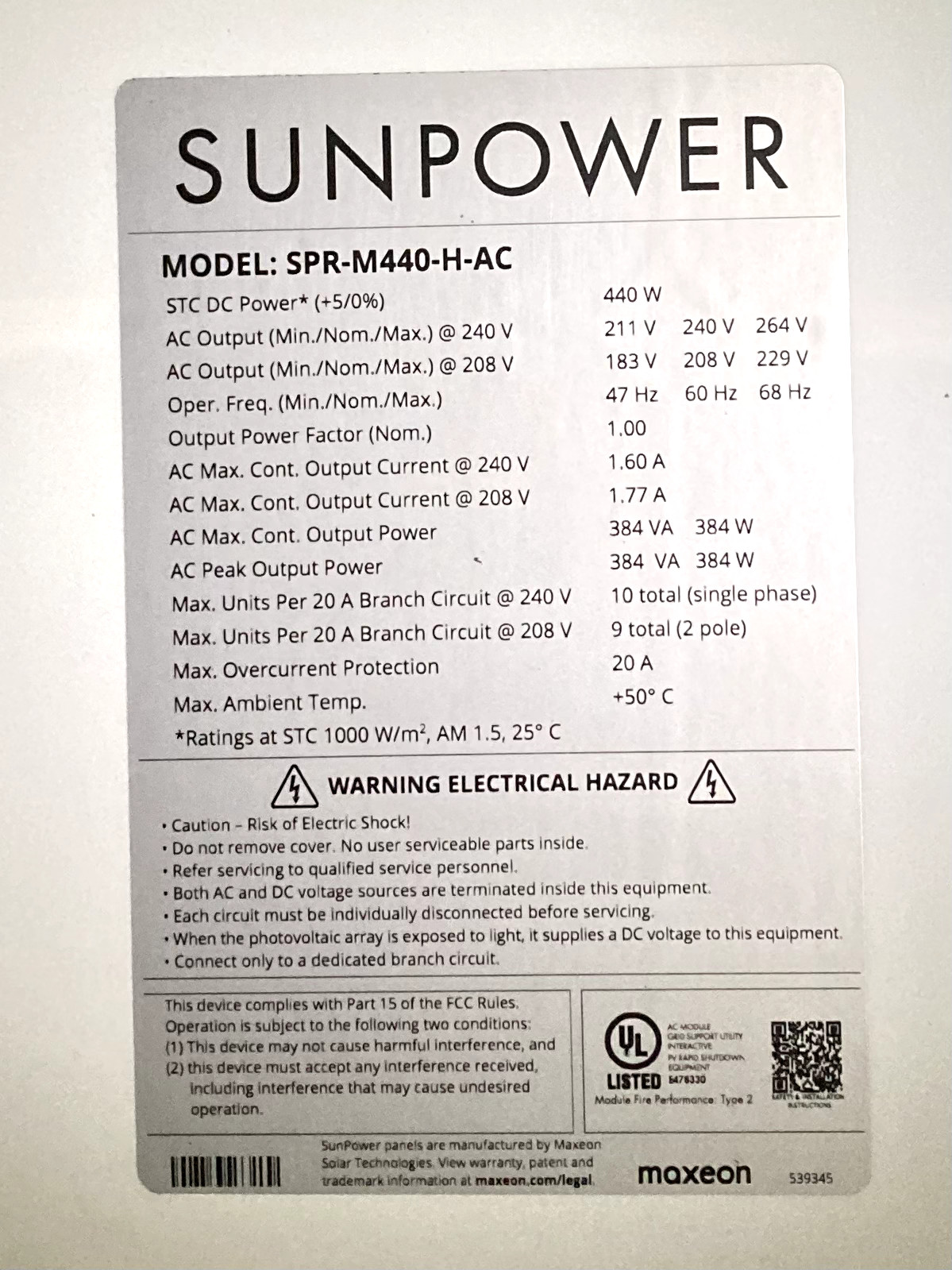 New SunPower Maxeon 440W AC solar panels w/ micro inverters, model SPR-M440-H-AC