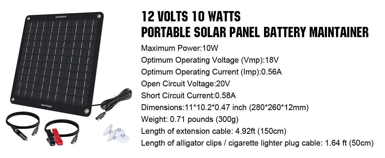 10W Solar Car Battery Charger Maintainer – 12V Waterproof Panel Trickle Charger