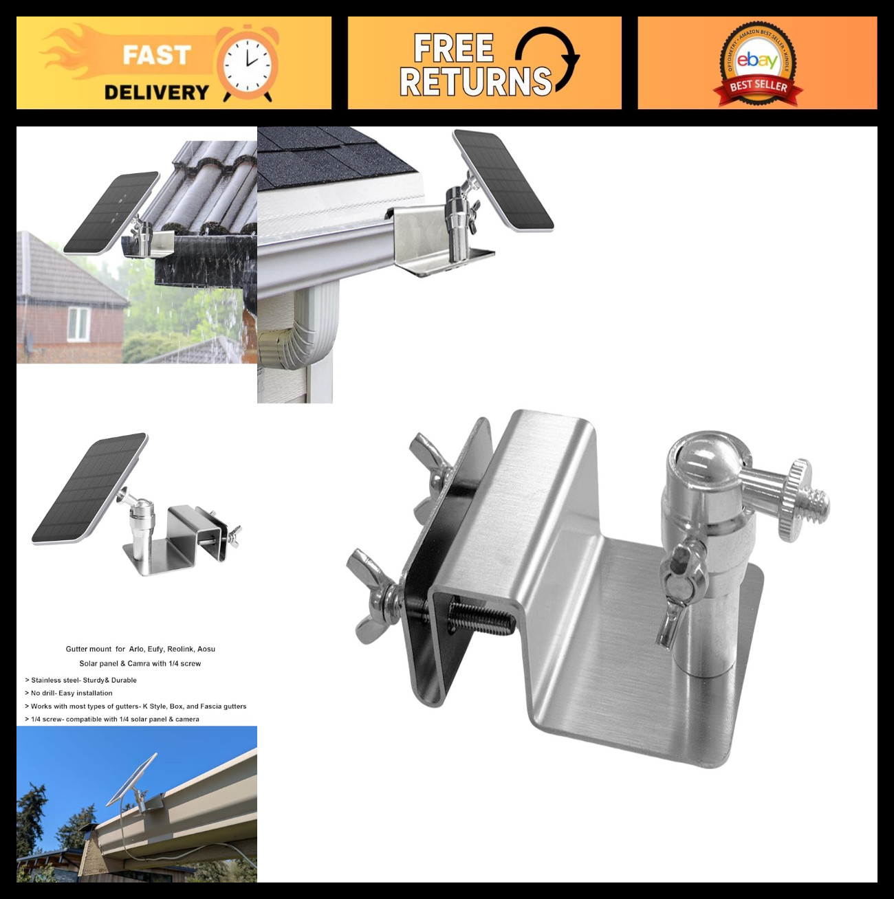 Adjustable Stainless Steel Gutter Mount for Solar Panels, No Drill, Compatible w