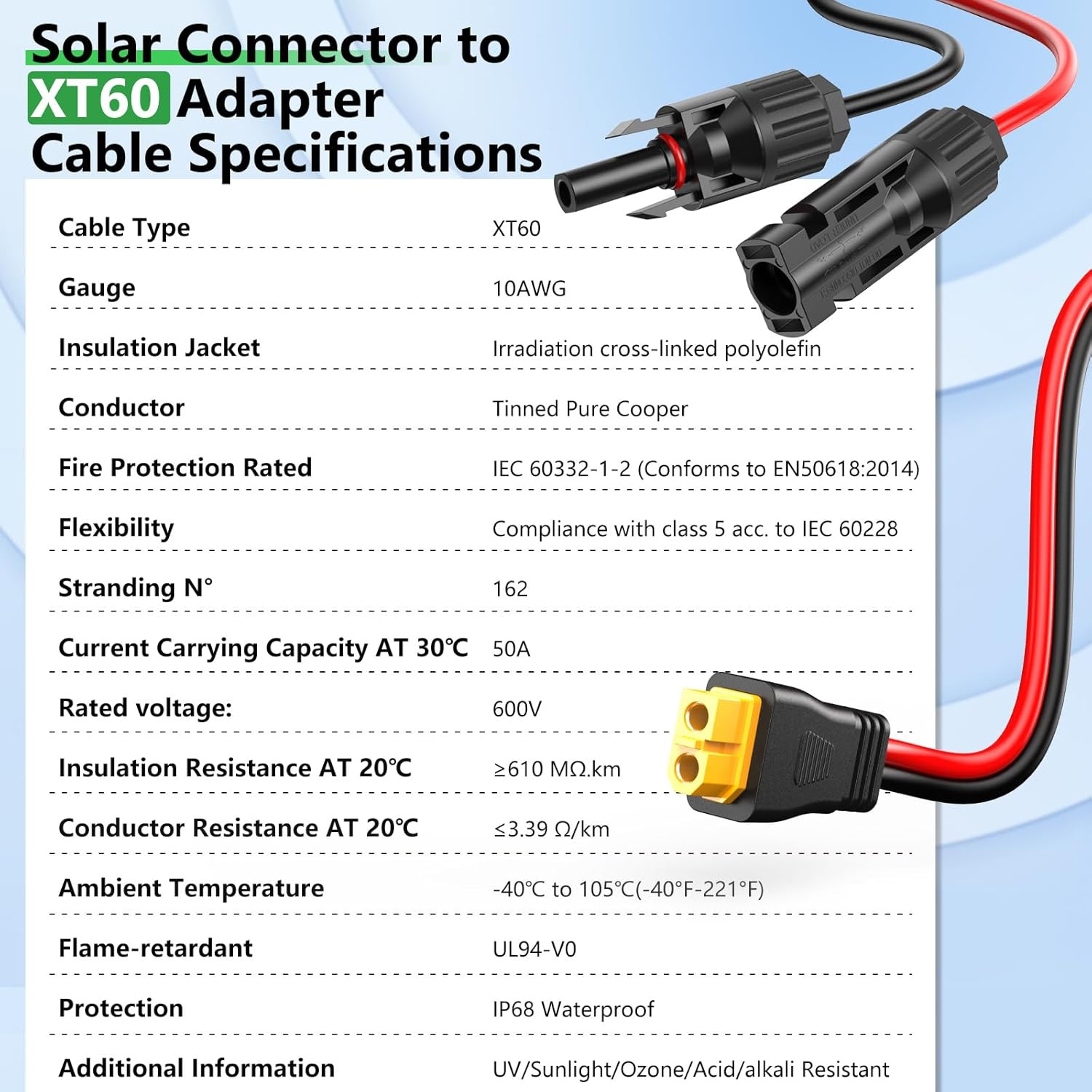 10AWG XT60 Solar Cable- Solar to XT60 Cable 3 10 15 20 25 40 50FT Charging Adapt