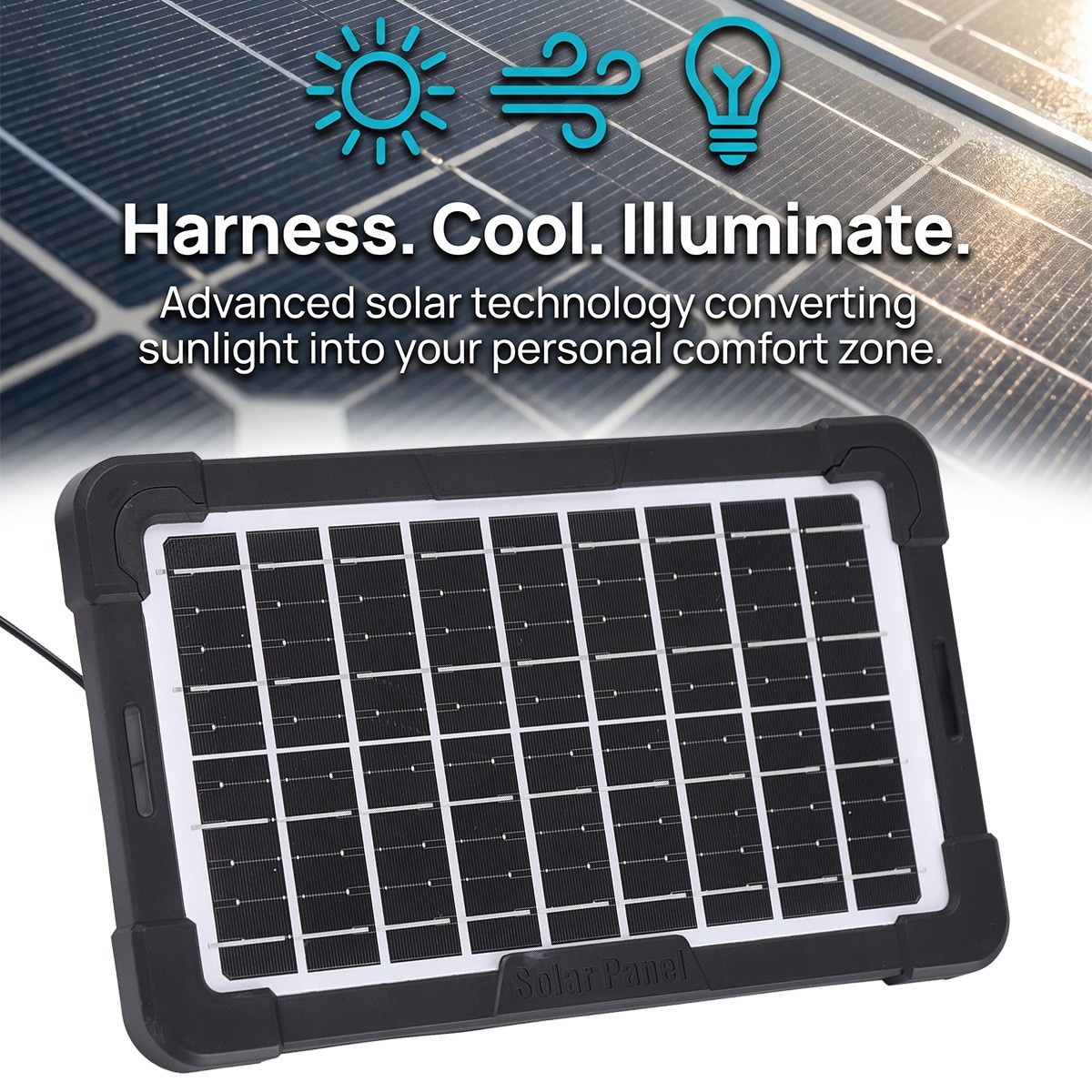 Portable Personal Desk Fan 2 Speed 12in Solar Rechargeable Fan w/ 2 Light Bulbs