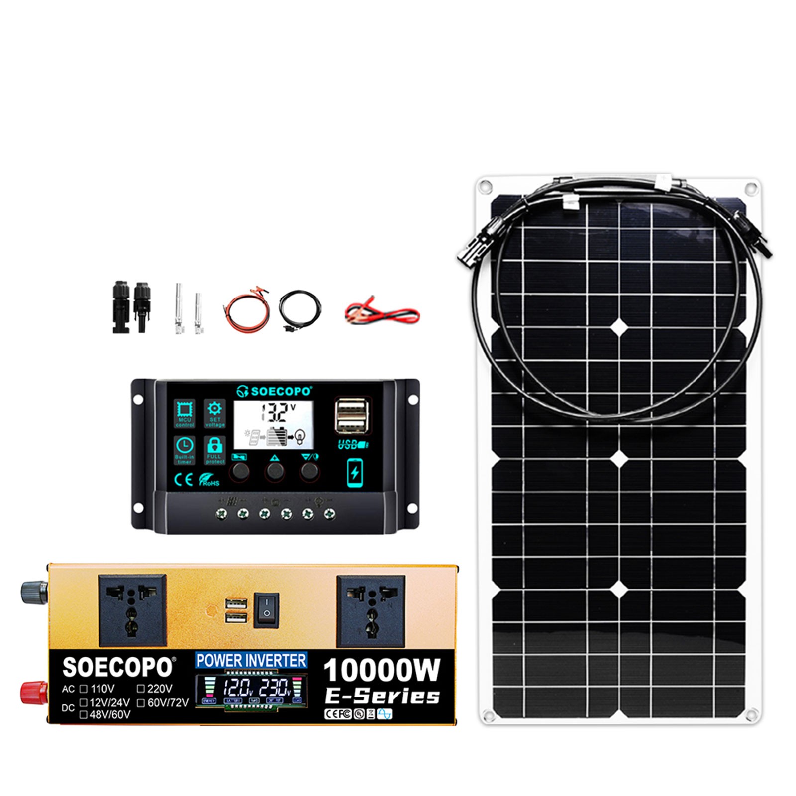 10000W Solar Power System Kit, 12V24V to 110V/220V Inverter Flexible Panel