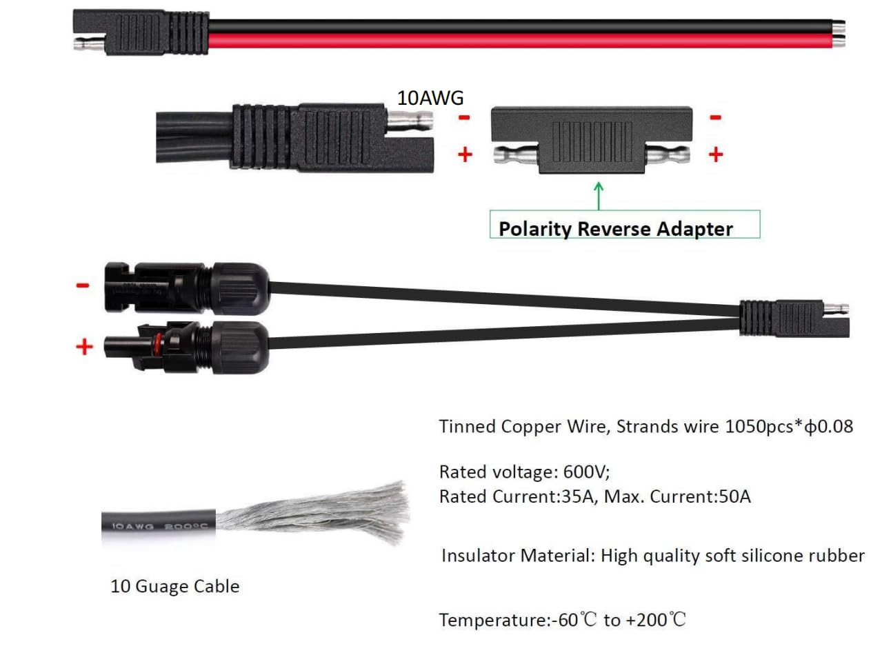 Solar Panel Connectors 10AWG Compatible with MC-4 Solar Connecter to SAE Adapter