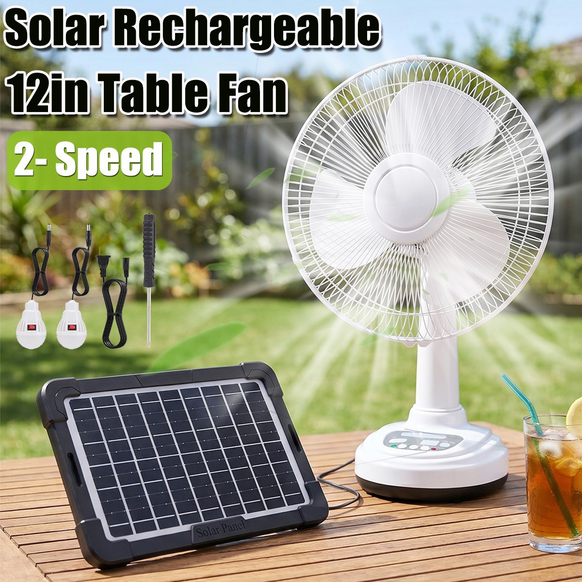 12″ Desktop Solar Fan Portable Rechargeable Camping Fan w/ Emergency Light Kit