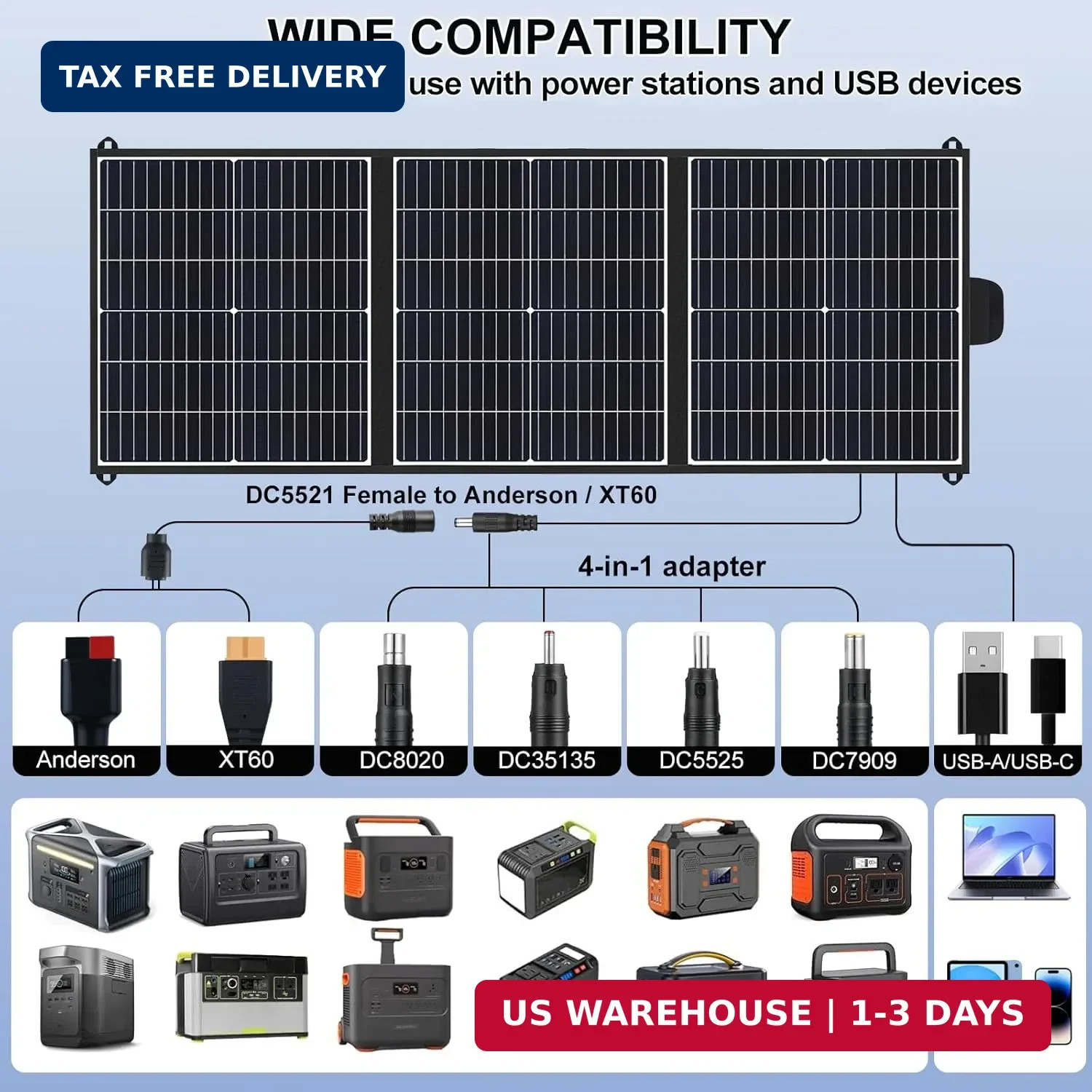 100W Portable Solar Panel, 20V Foldable Solar Charger with USB-A QC3.0 & Type-C