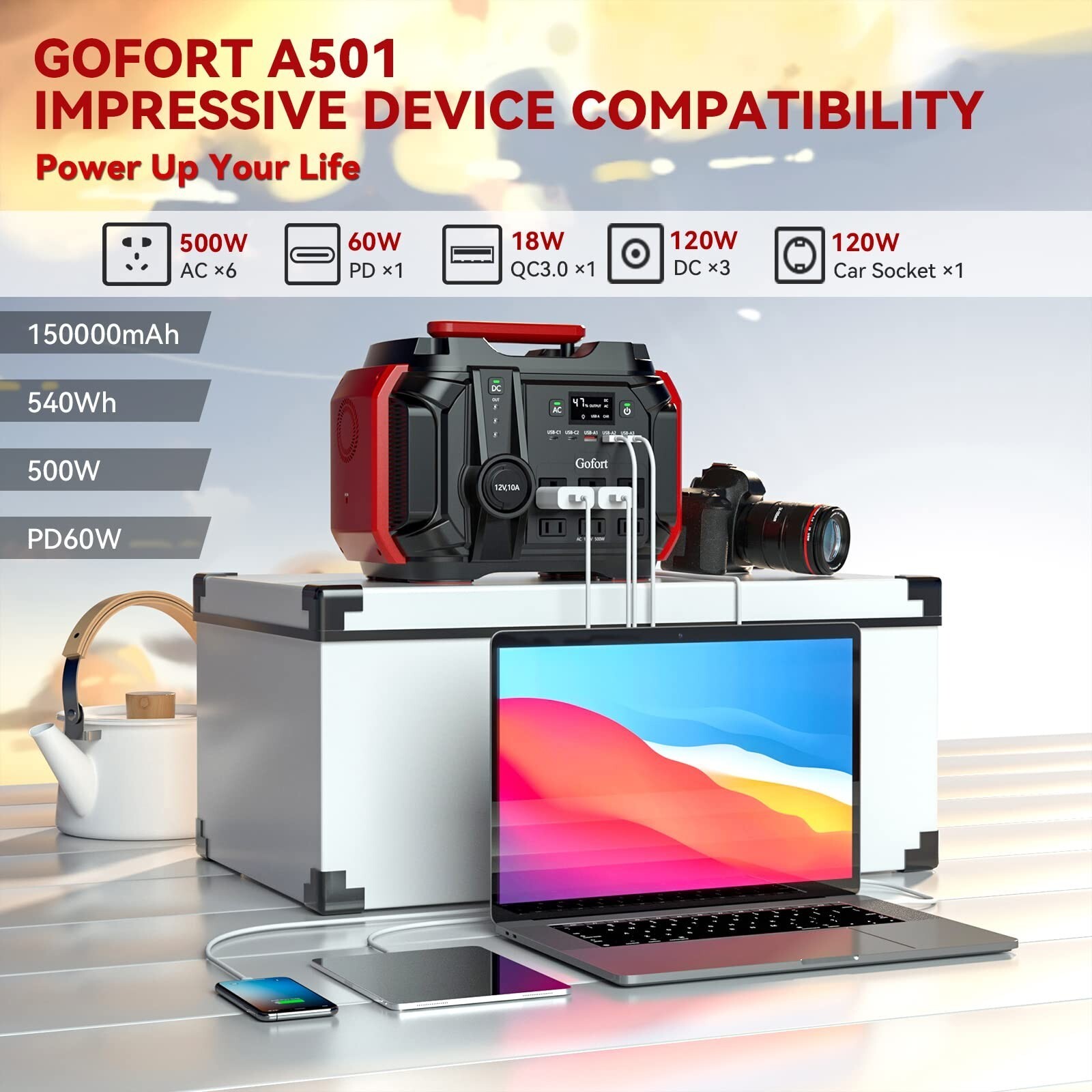 Gofort A501 500W Power Station 540Wh Solar Portable Generator for Indoor/Outdoor