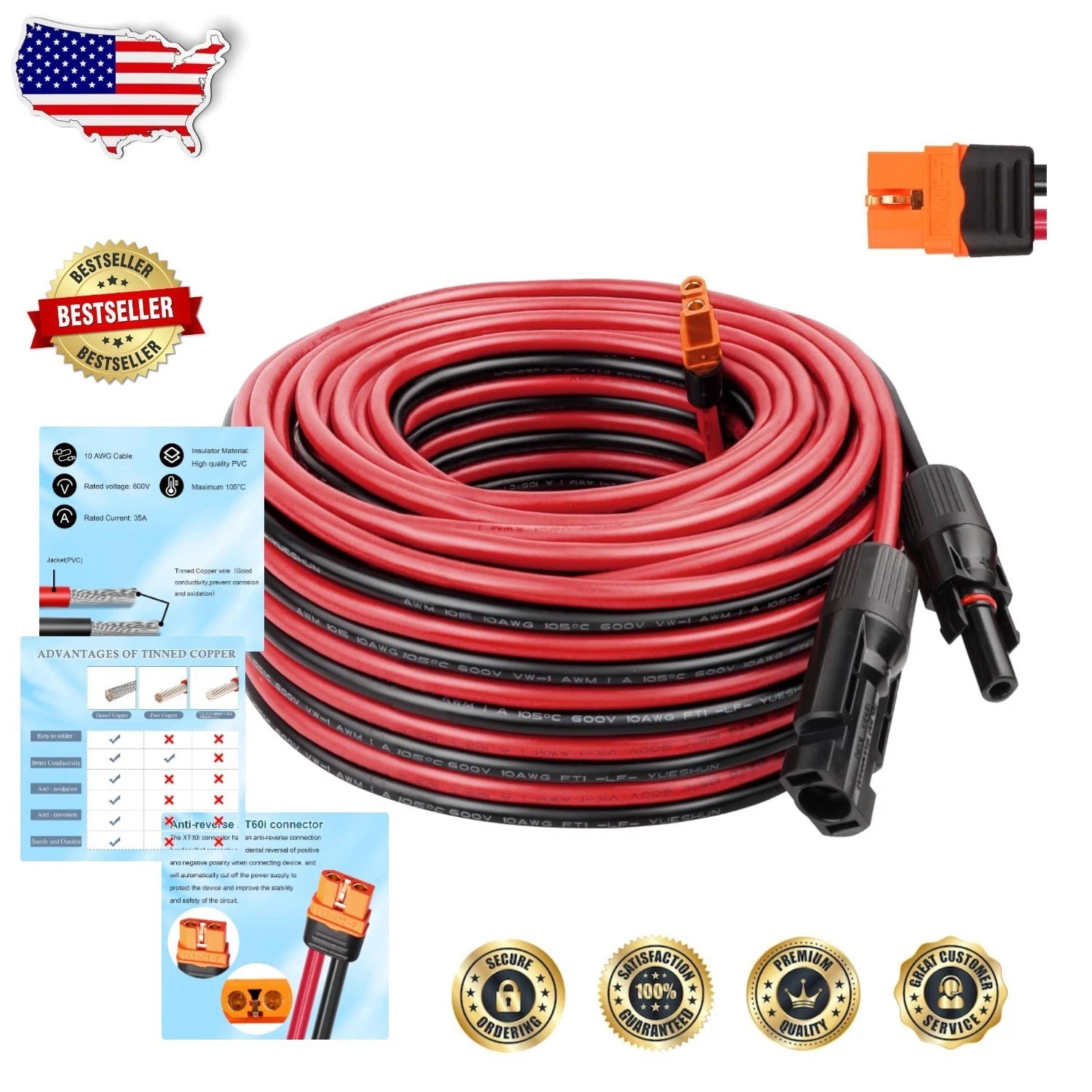 XT60i Solar Cable 50ft 10AWG Heavy Duty Heat Resistant Generator Link