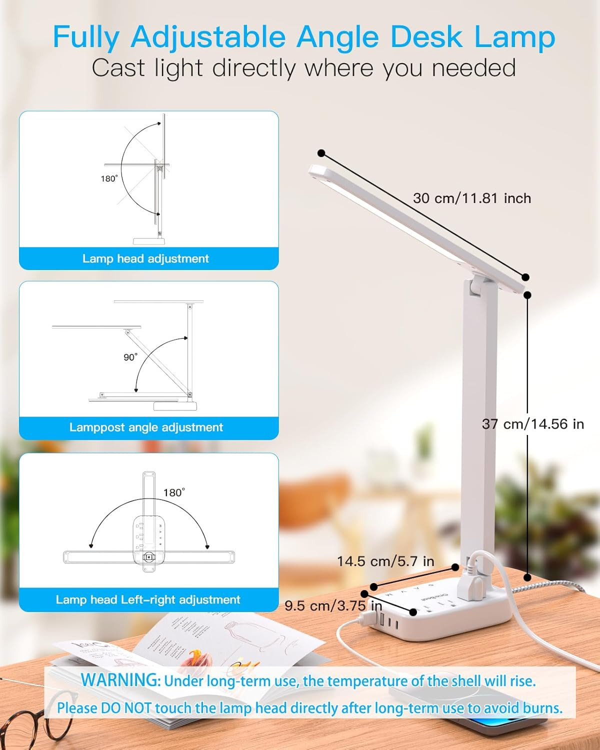 One Beat Small LED Desk Lamp Power Strip 5Ft Extension Cord with 3 Outlets 4 USB