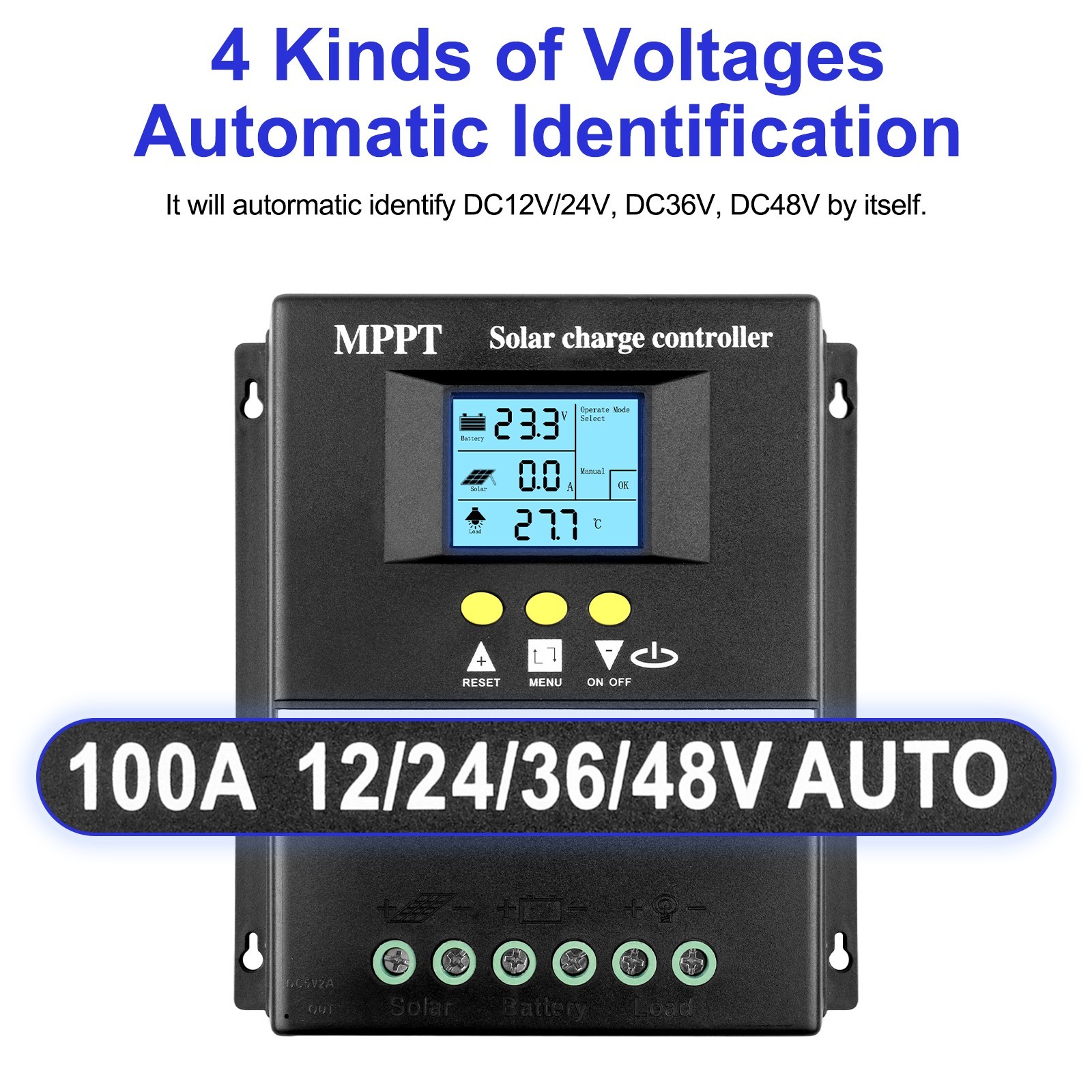 Solar Controller for 12V 24V 36V 48V Systems with LED Display and USB Charging