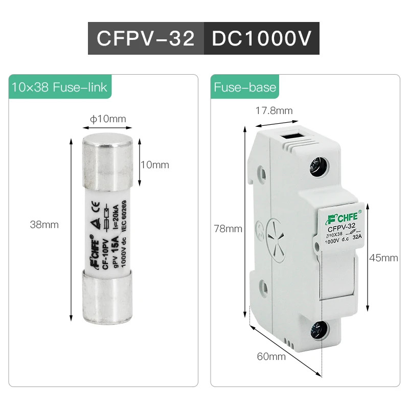 DC Fuse Holder PV DIN Rail Mounting 1000V Photovoltaic System Strings 6A-63A