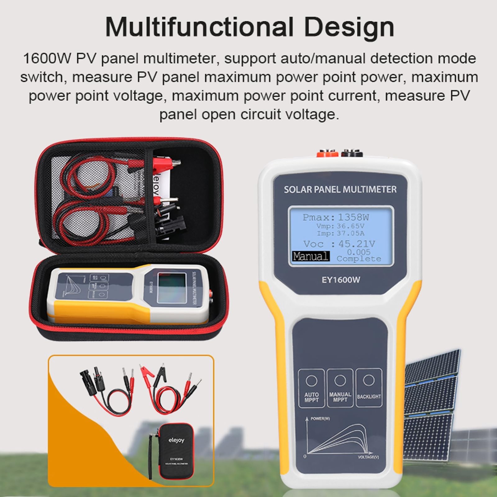 Solar Power Meter 1600W DC/AC Tester for Photovoltaic Panels, MPPT Voltage & Cur