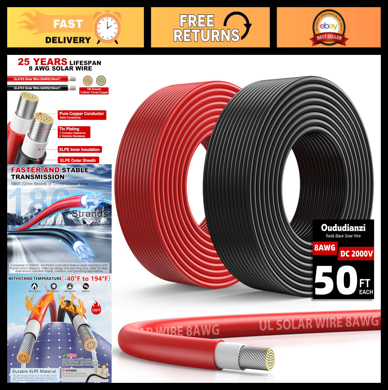 8AWG Solar Panel Wire 2x50Ft Tinned Copper PV Extension Cable for RV Boat Outdoo