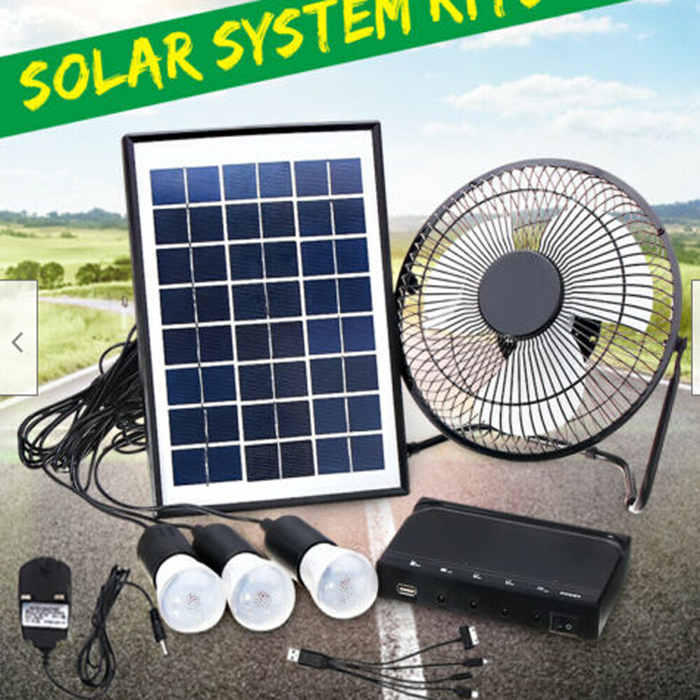 Solar Power Energy Lighting System Kit Set W/ 3 LED Lights, 1*Fan, 1 Solar Panel
