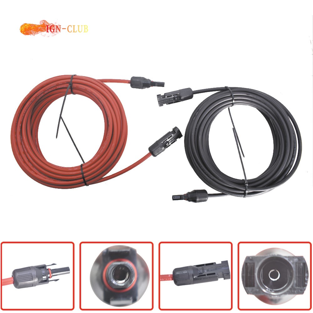 4mm²/12AWG 1 Pair Solar Panel Extension Cable Wire Connector 20ft Black+Red