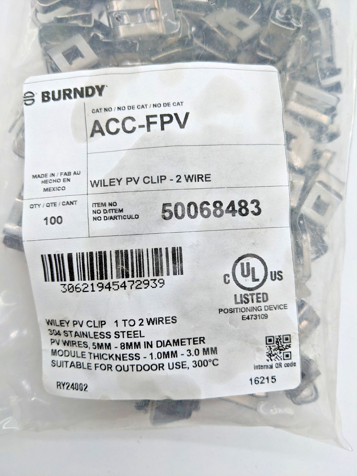 Bundy | wiley pv clip | 2 wire item | no 50068483 | QTY 100 | STAINLESS