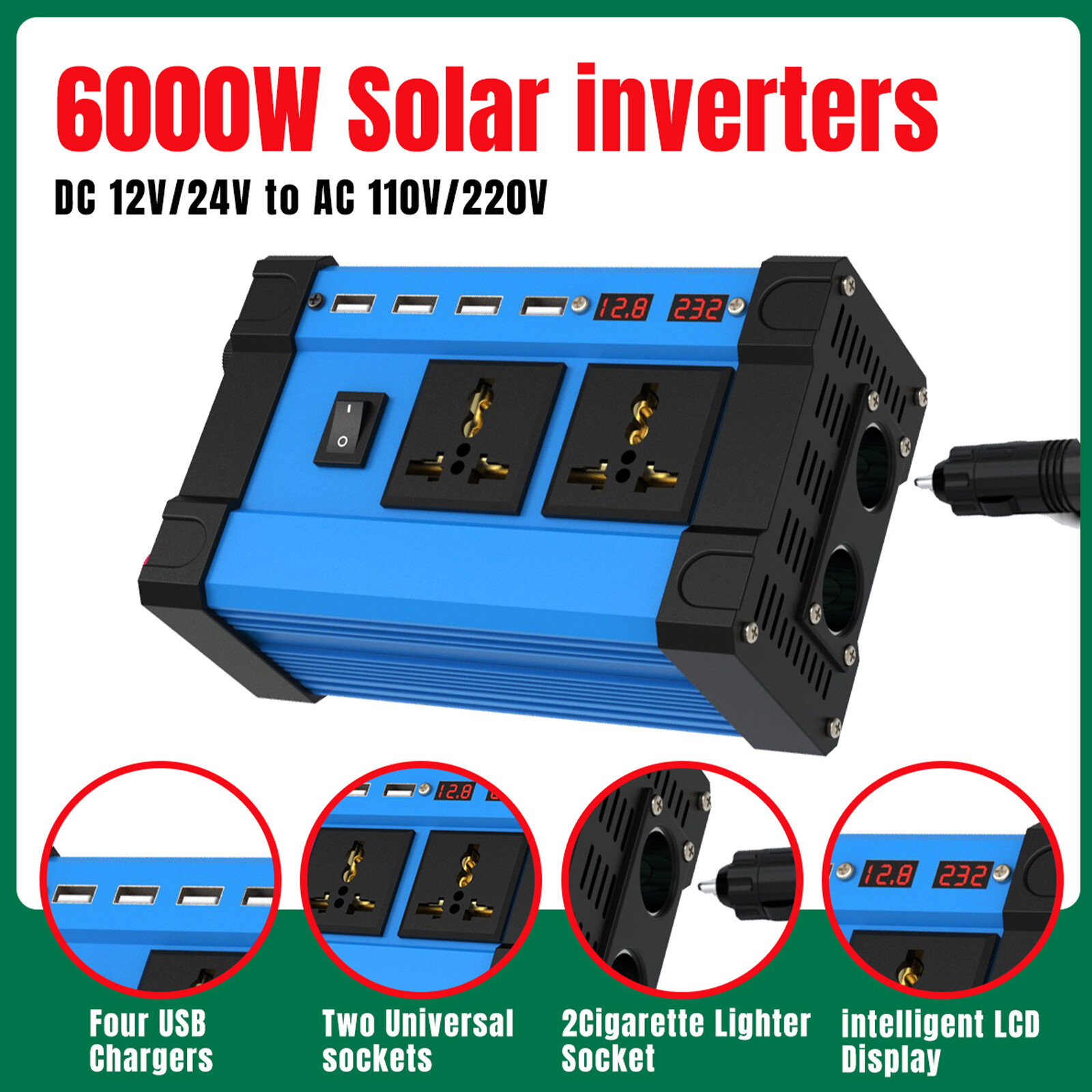 Solar Inverter 6000W Converter AC 12v To DC 220v 110v Intelligent LCD Display