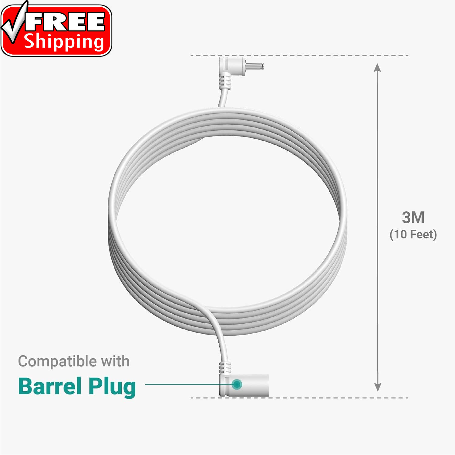 10 Ft. Barrel Plug Extension Cable – Compatible with Ring Solar Panel and Super