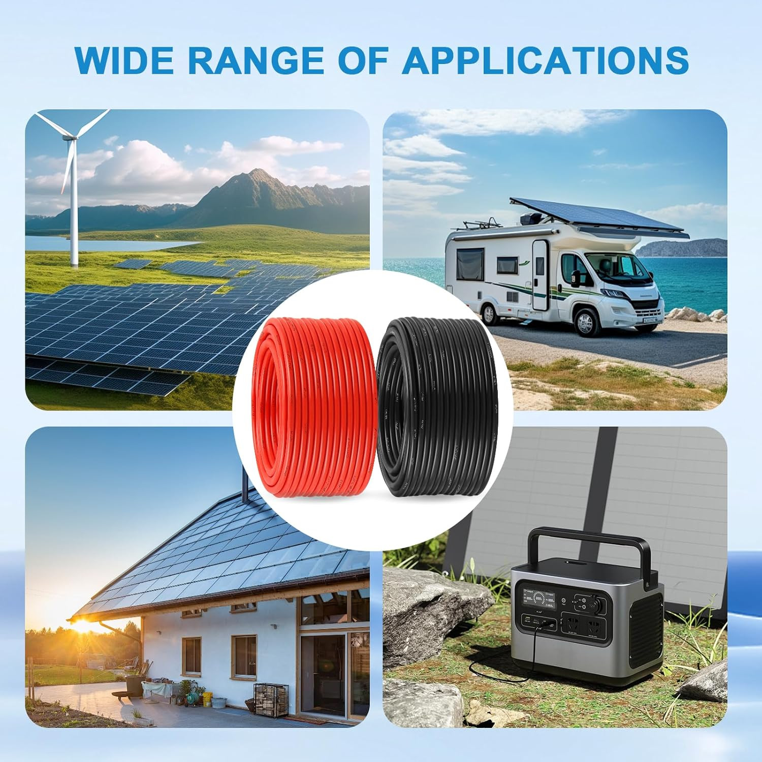 8AWG Solar Panel Wire 10Mm², 2 Pack 50FT Red & Black Solar Extension Cable, PV W