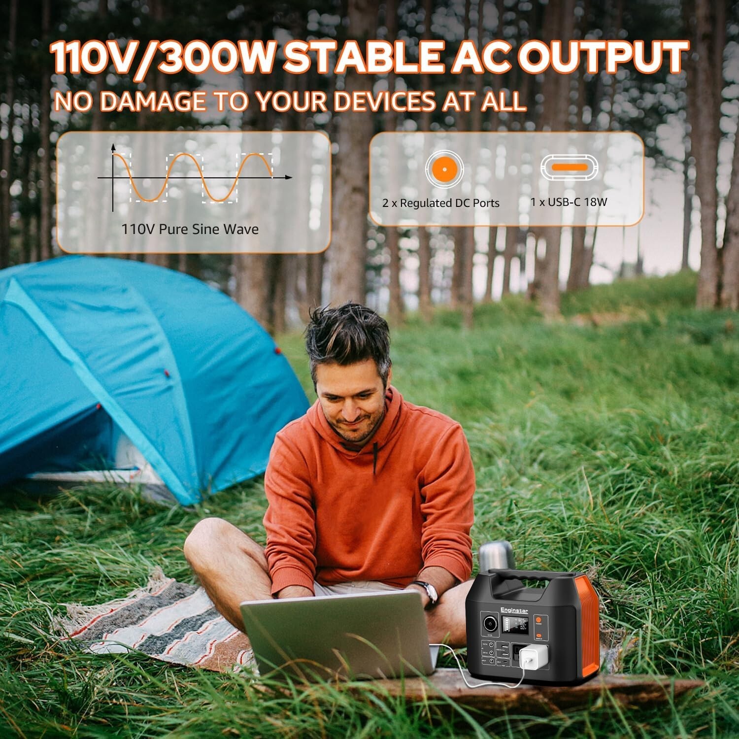 300W 296Wh Battery Bank with 110V Pure Sine Wave AC Outlet for Outdoors Camping