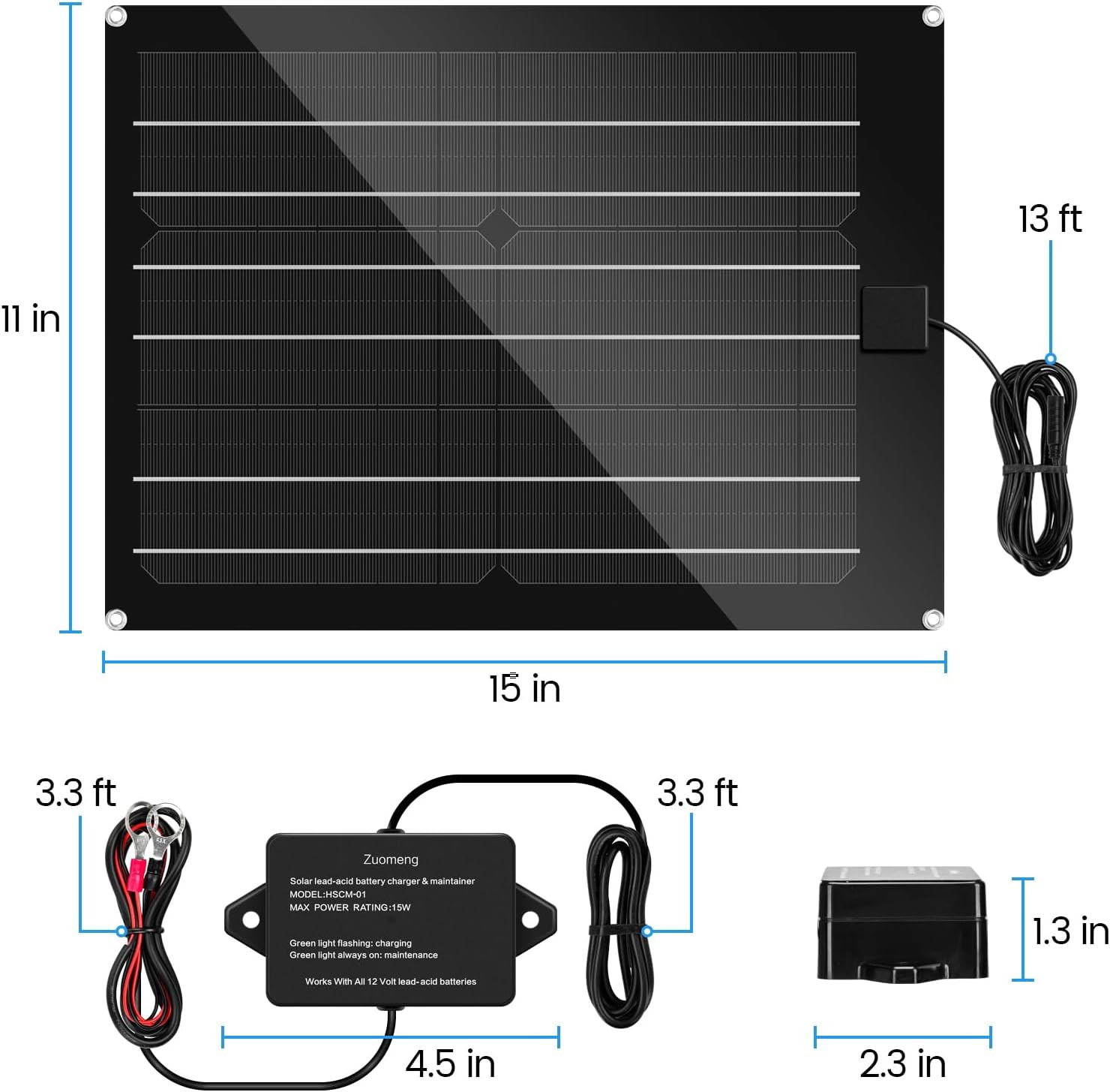 Solar Battery Charger Maintainer, 15W Solar Panel Kit for Dump Trailer Built-In