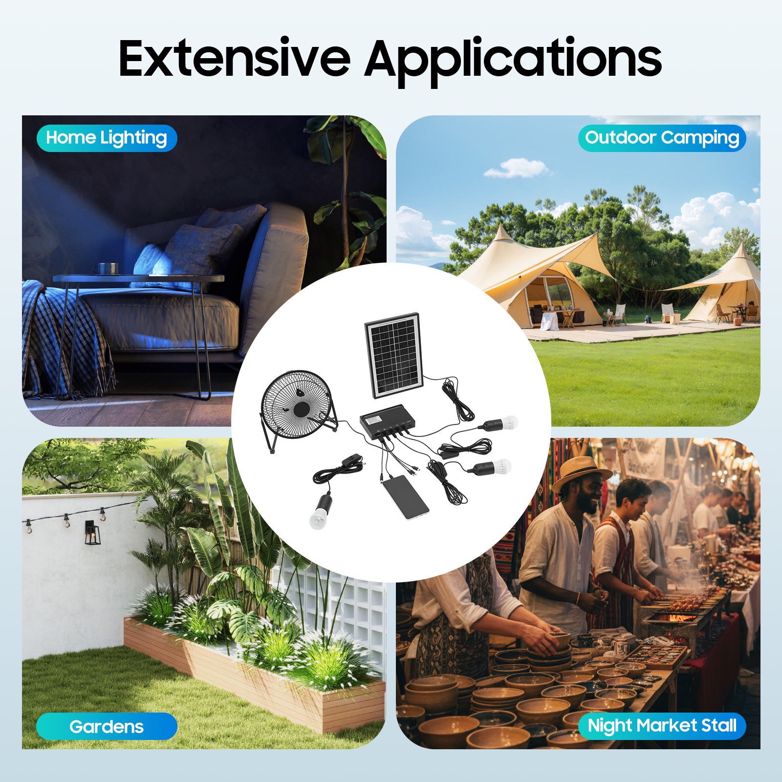 Solar Lighting & Fan Kits with 3 Bulbs USB Charging for Home Outdoor Camping