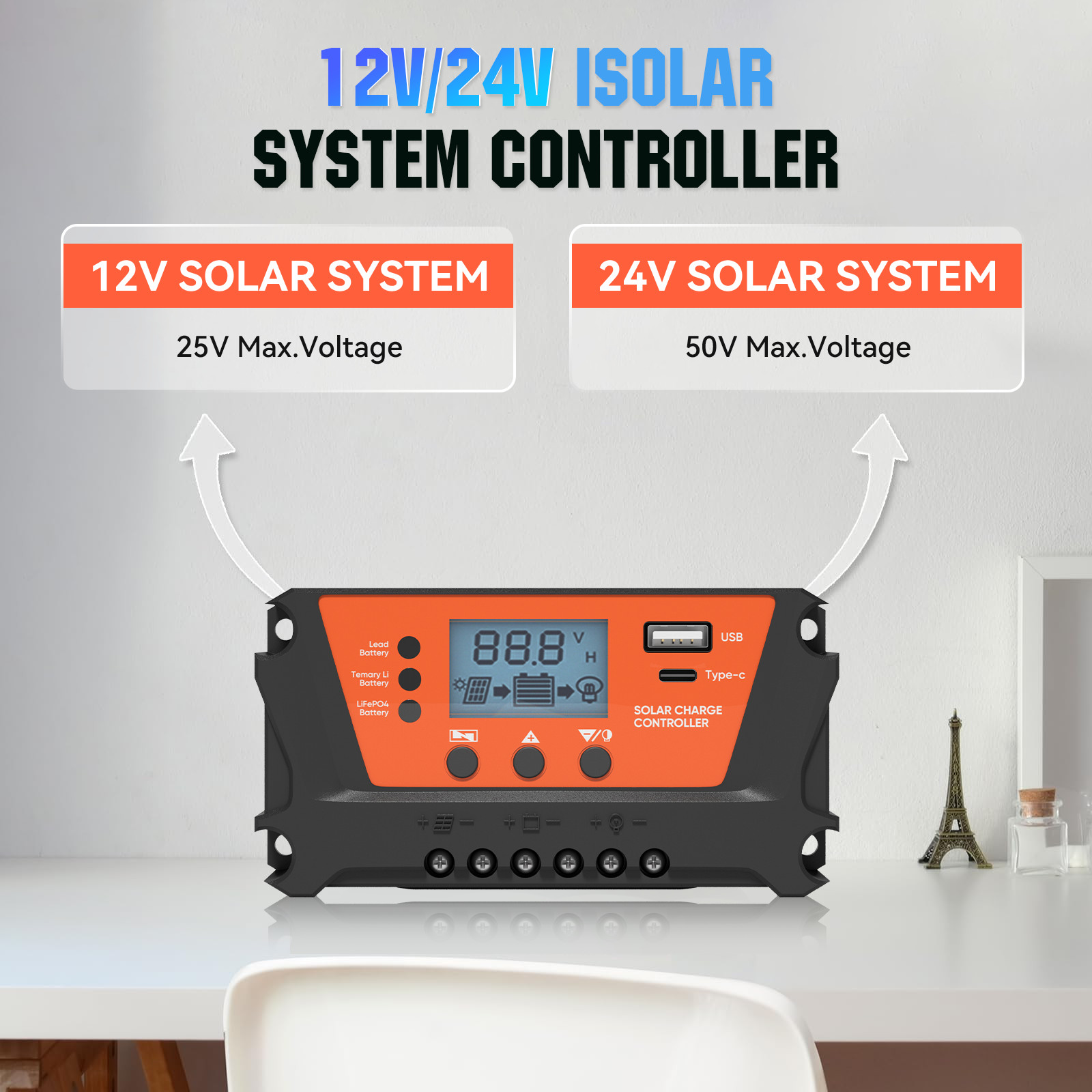 30 Solar Panel Battery Charge Controller 12V/24V USB Type-C Auto Regulator LCD