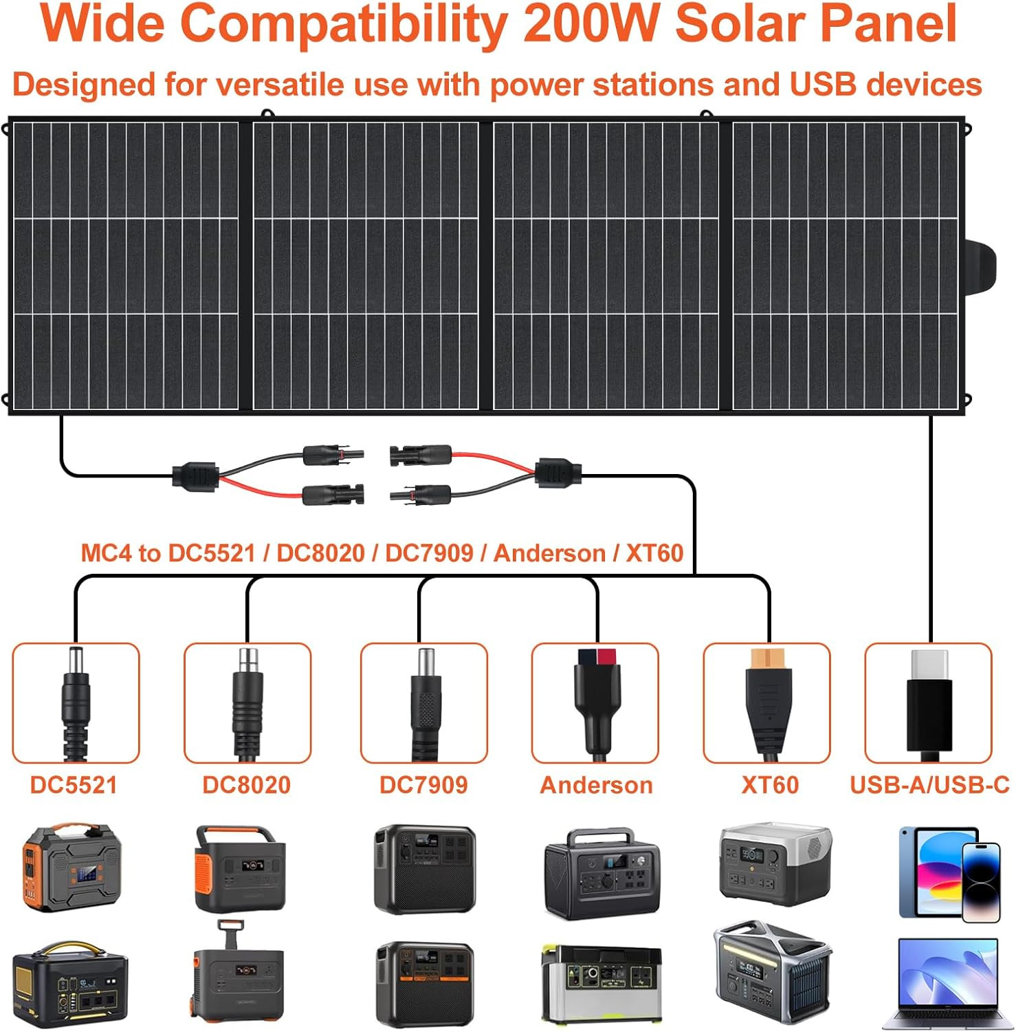 200W Portable Solar Panel for Power Station 25% Efficiency HPBC Cells ETFE Folda