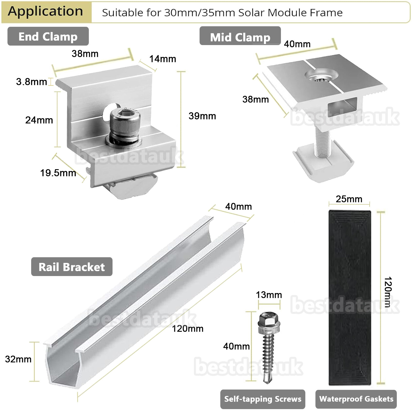 Solar Panel Roof Mounting Rail Brackets Fixing Clamp Kit for 1-4pcs Solar Panels