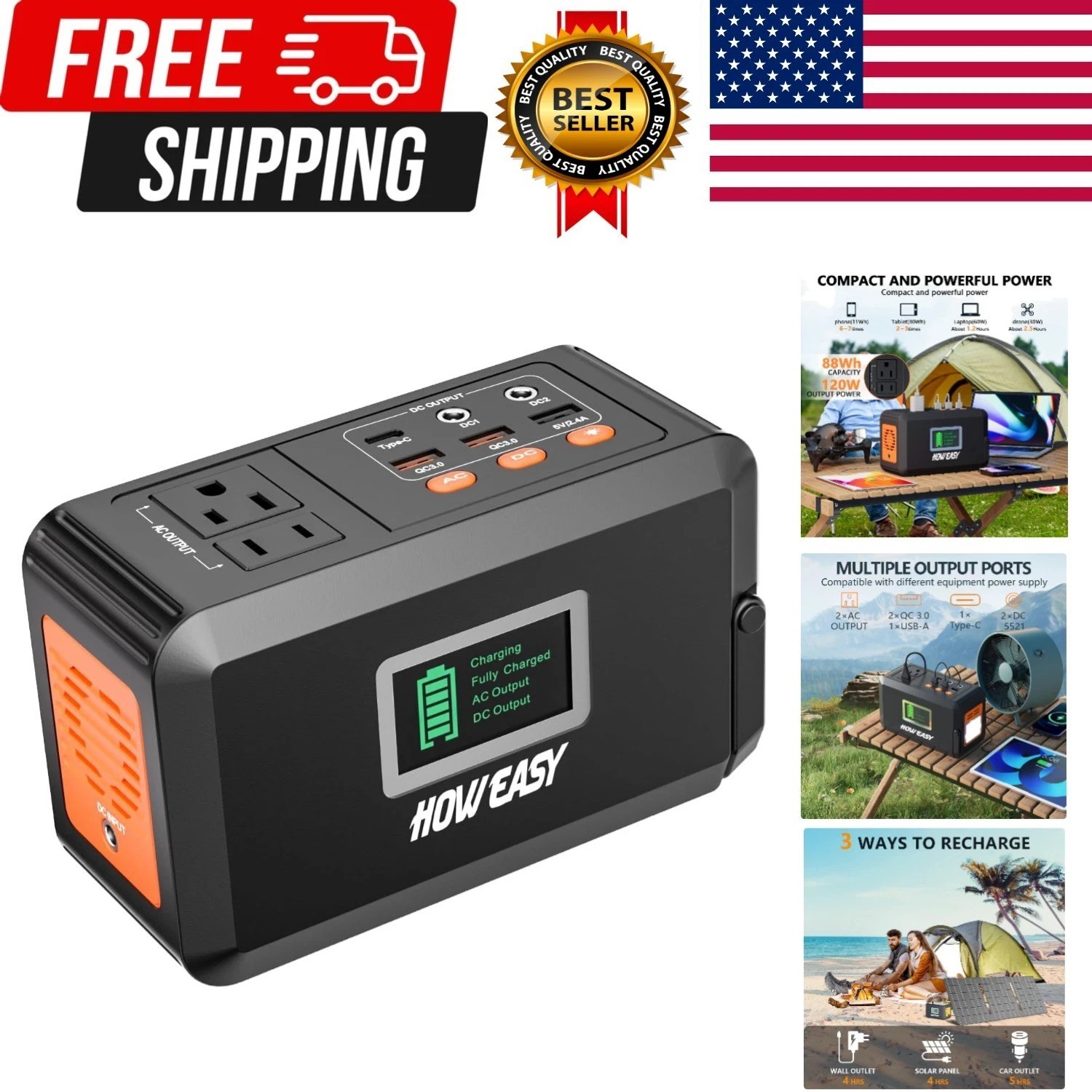Portable Power Station,120W240W Peak Solar Generator,88Wh Lithium Battery Pow…