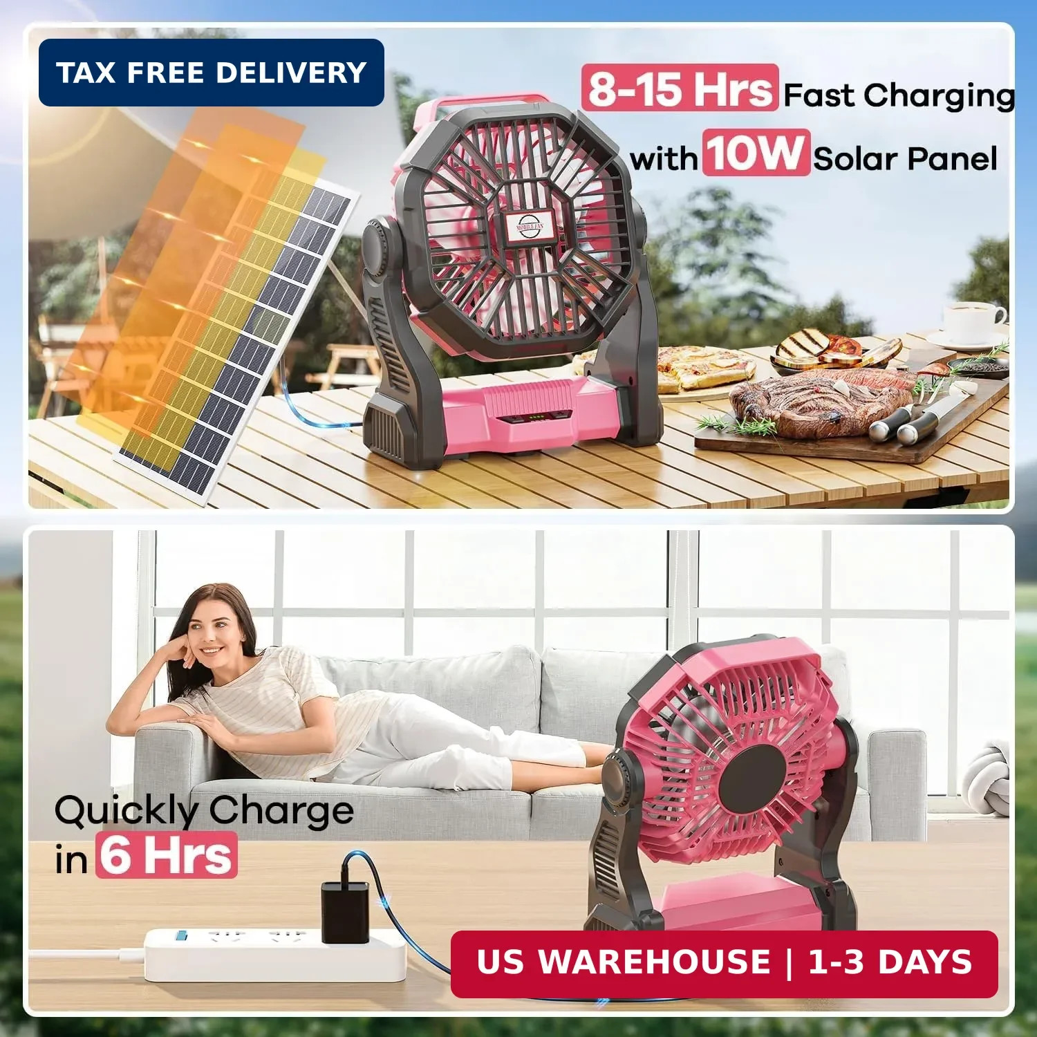 30000mAh Solar Fan with LED Lantern, 10W Solar Panel Rechargeable Battery Powere